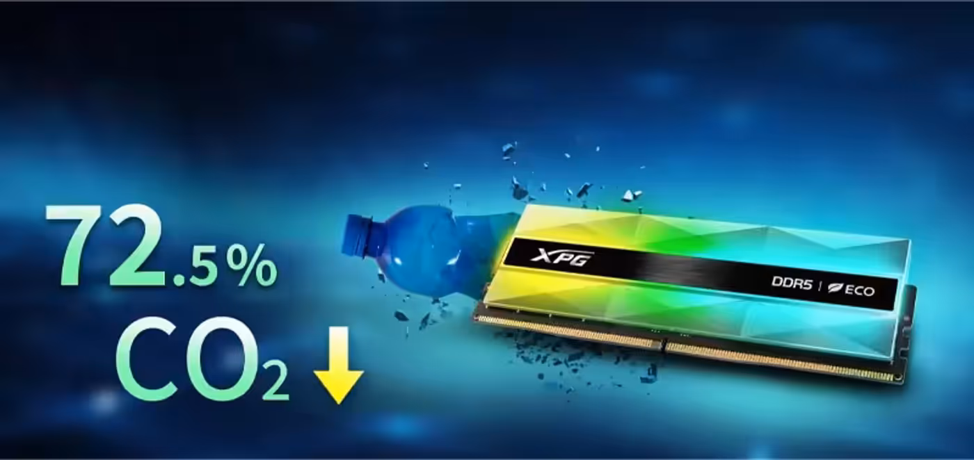 Eco-friendly XPG Lancer Neon RGB DDR5 memory module featuring sustainable materials