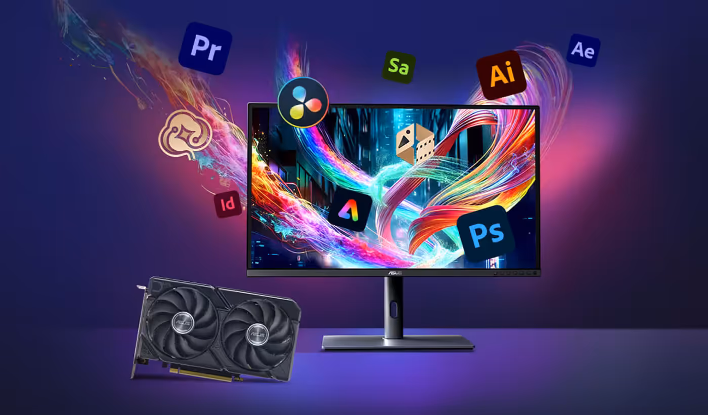 Desktop setup with monitor and graphics card featuring floating Adobe software logos