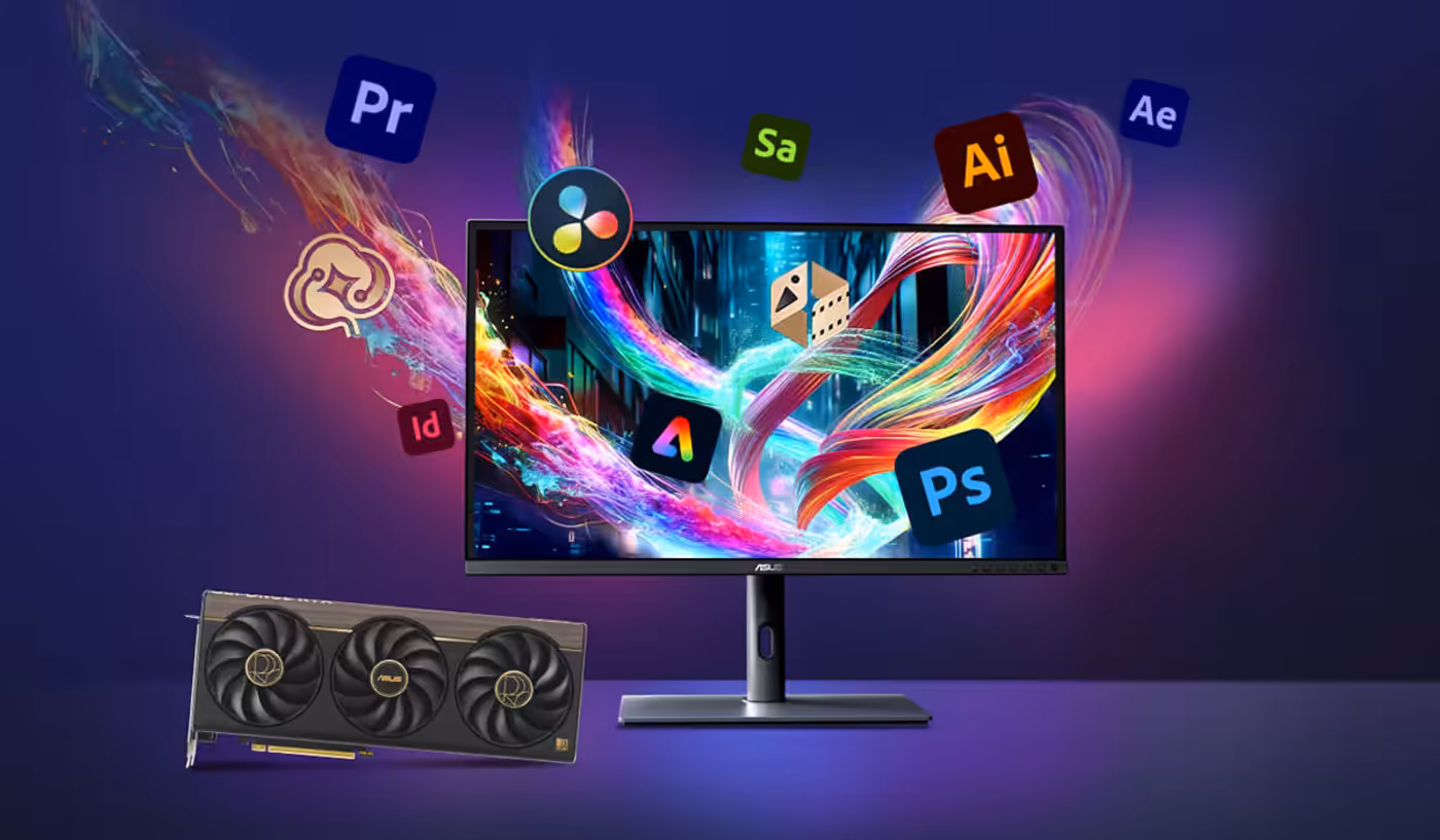 Monitor and ProArt graphics card setup surrounded by floating Adobe software logos
