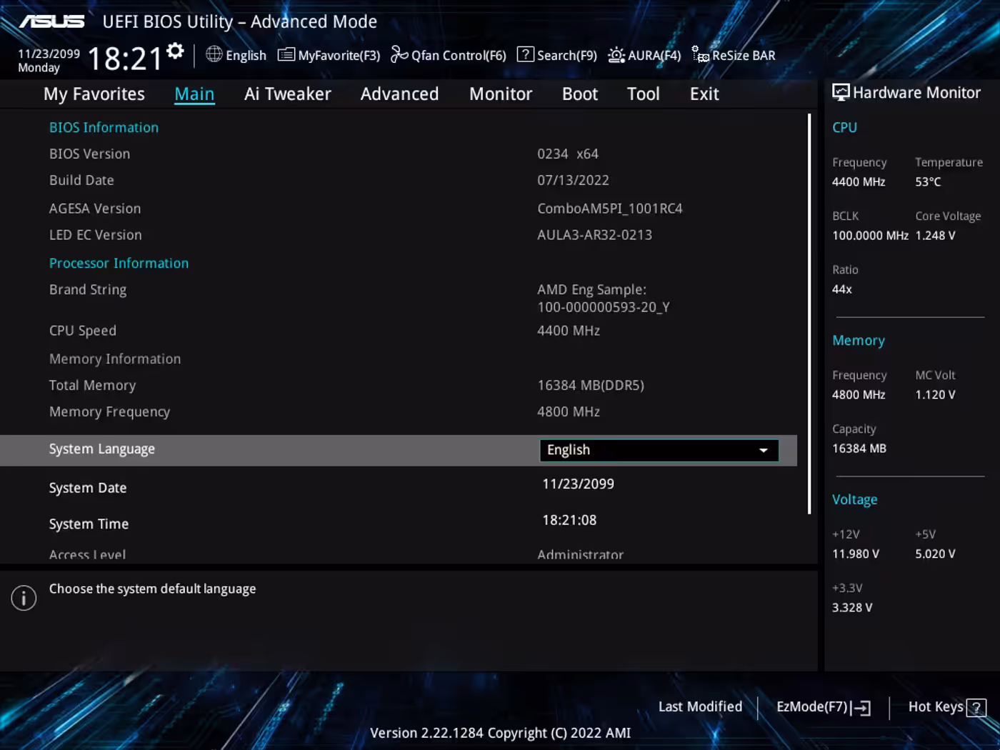 UEFI BIOS Advanced mode interface for detailed system configuration