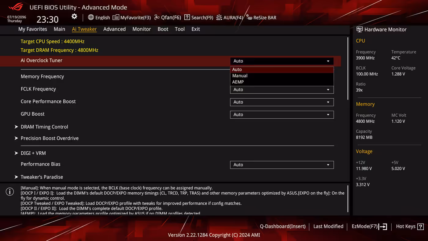 User interface display of the ASUS Enhanced Memory Profile configuration utility