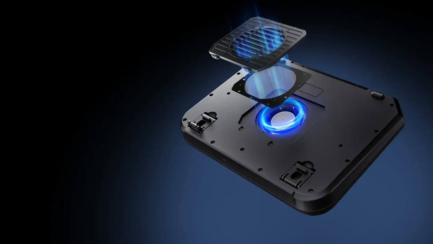 Close-up of the removable dust filter on the cooling pad for cleaner airflow