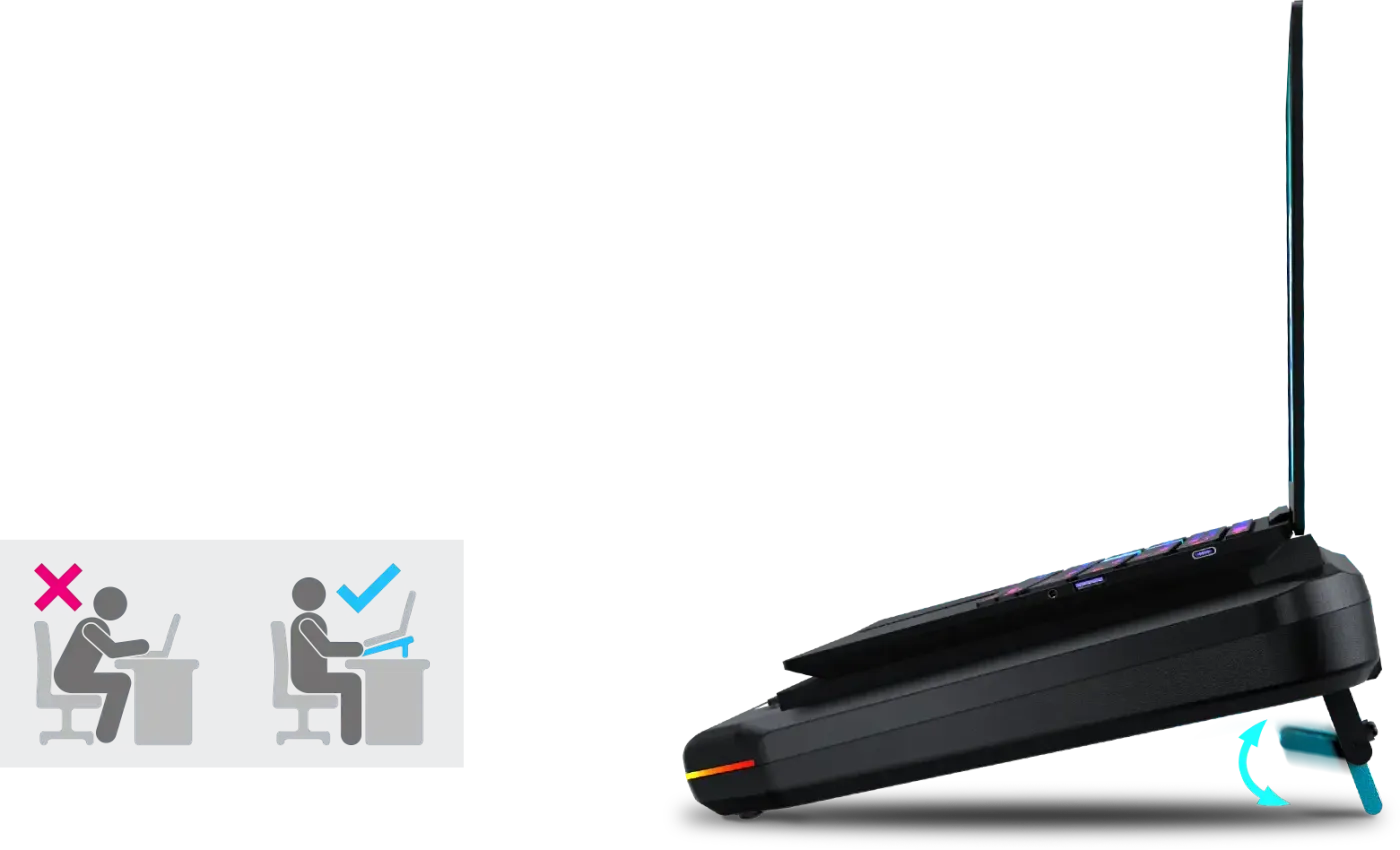 AETHER P1 PRO laptop cooler showing its 3-level adjustable height positions for ergonomic support