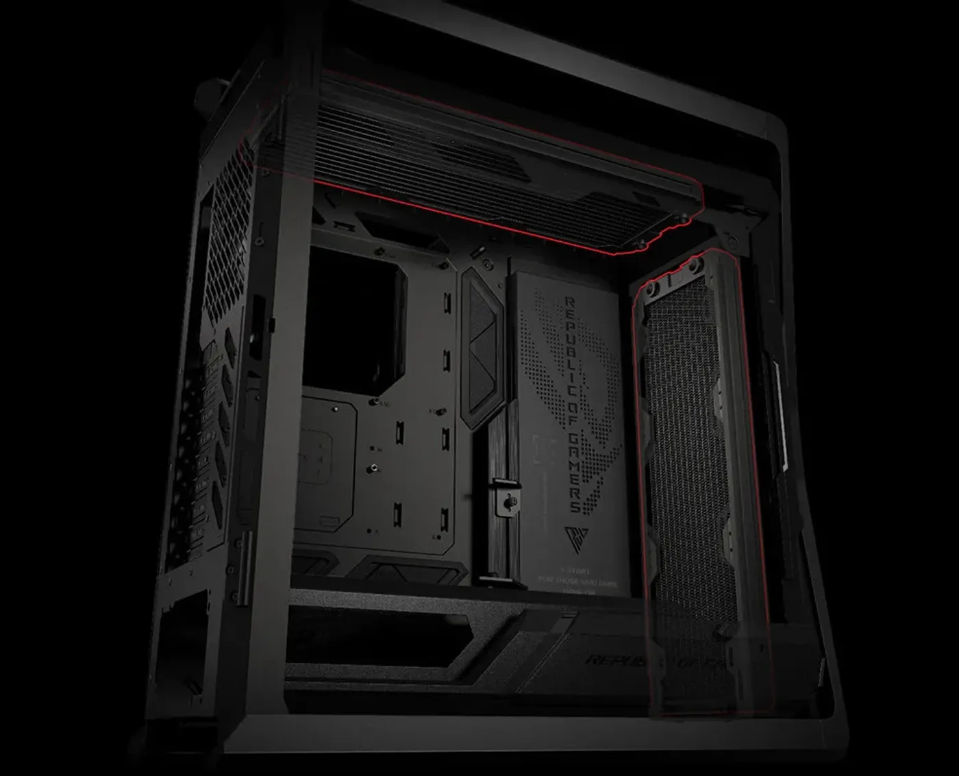 side angle of ROG Hyperion GR701 with two 420 mm radiators highlighted