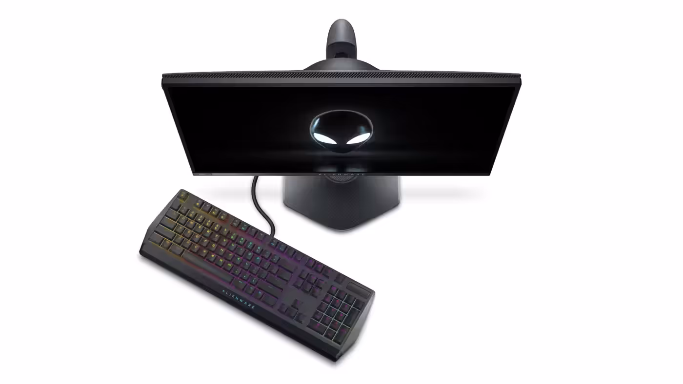 Hexagonal stand base of the Alienware AW2524HF on a desk
