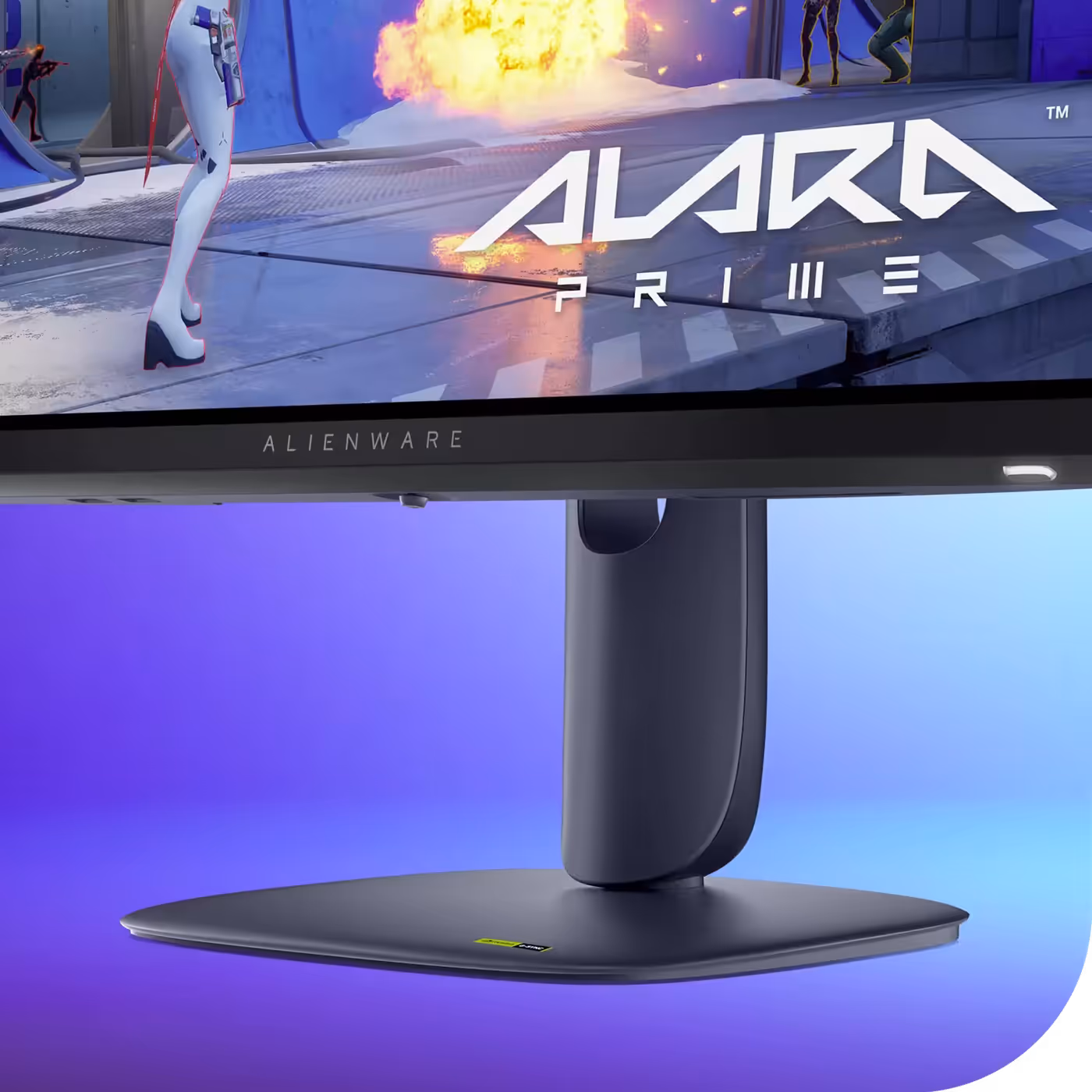 Monitor with compact base designed to maximize desk space