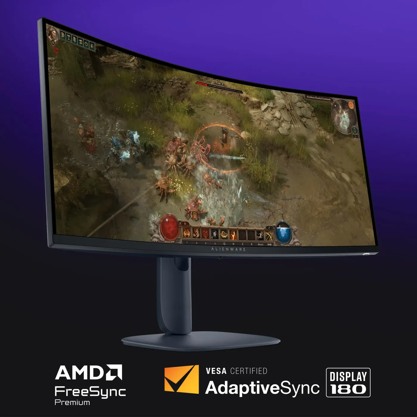 Close up of Alienware AW3425DWM monitor displaying fluid gaming performance features