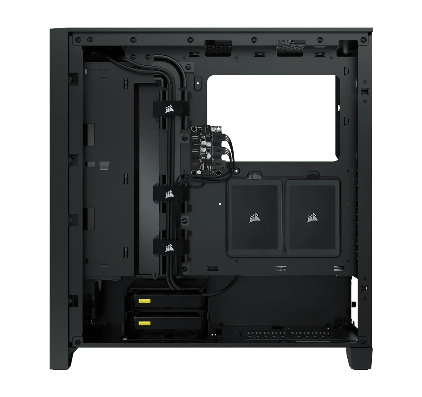 Internal storage layout of PC case showing SSD and HDD mounting positions