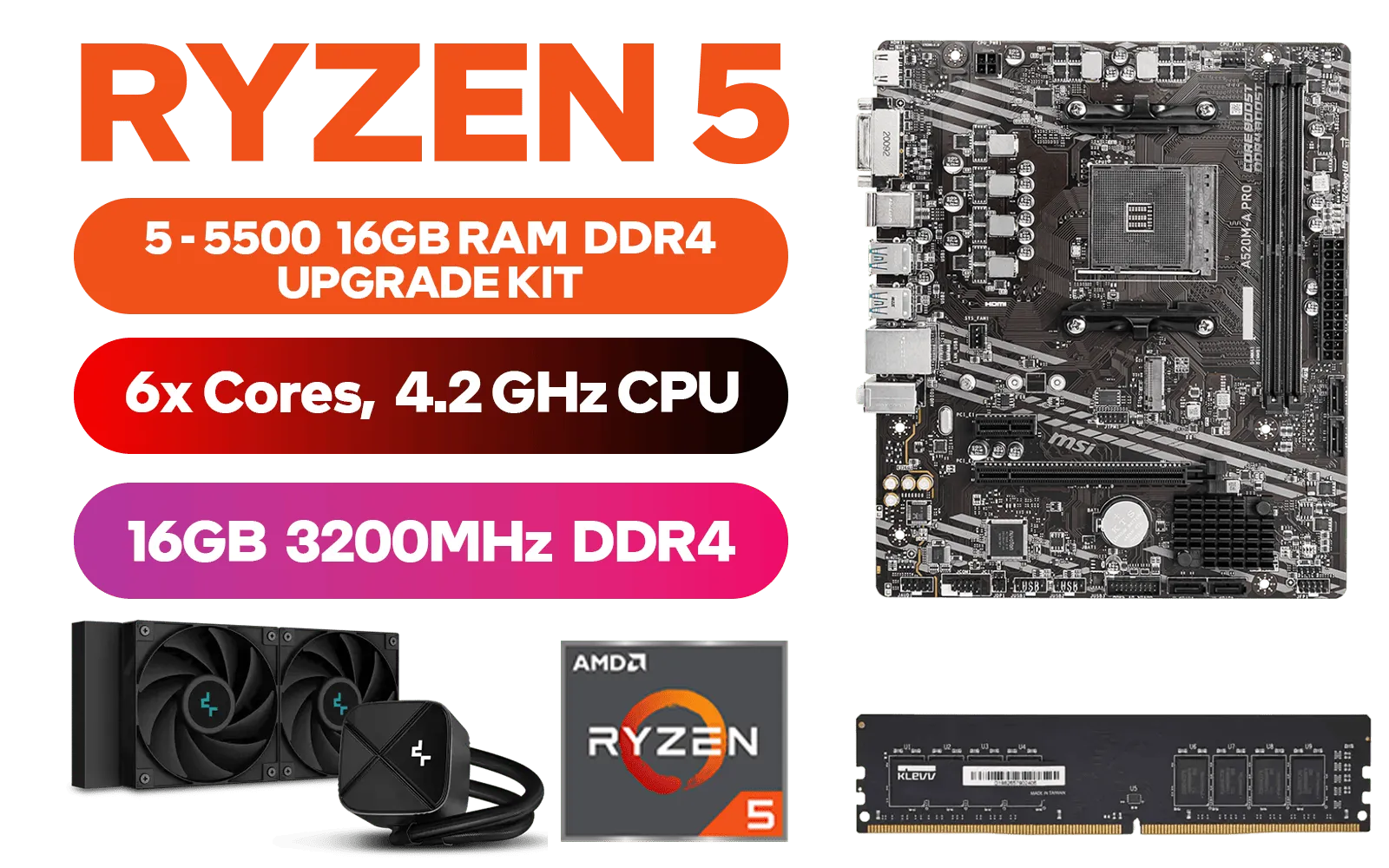 AMD RYZEN 5 5500 A520M-A PRO 16GB 3200MHz Upgrade Kit - MSI A520M-A PRO Series Motherboard + AMD RYZEN 5 5500 6MB Game Cache Up to 4.2GHz CPU (OEM No Packaging) + KLEVV 16GB 3200MHz DDR4 Desktop Memory (OEM No Packaging) + DeepCool LS520S Zero Dark Liquid Cooler / Discrete GPU Required - No Integrated Graphics