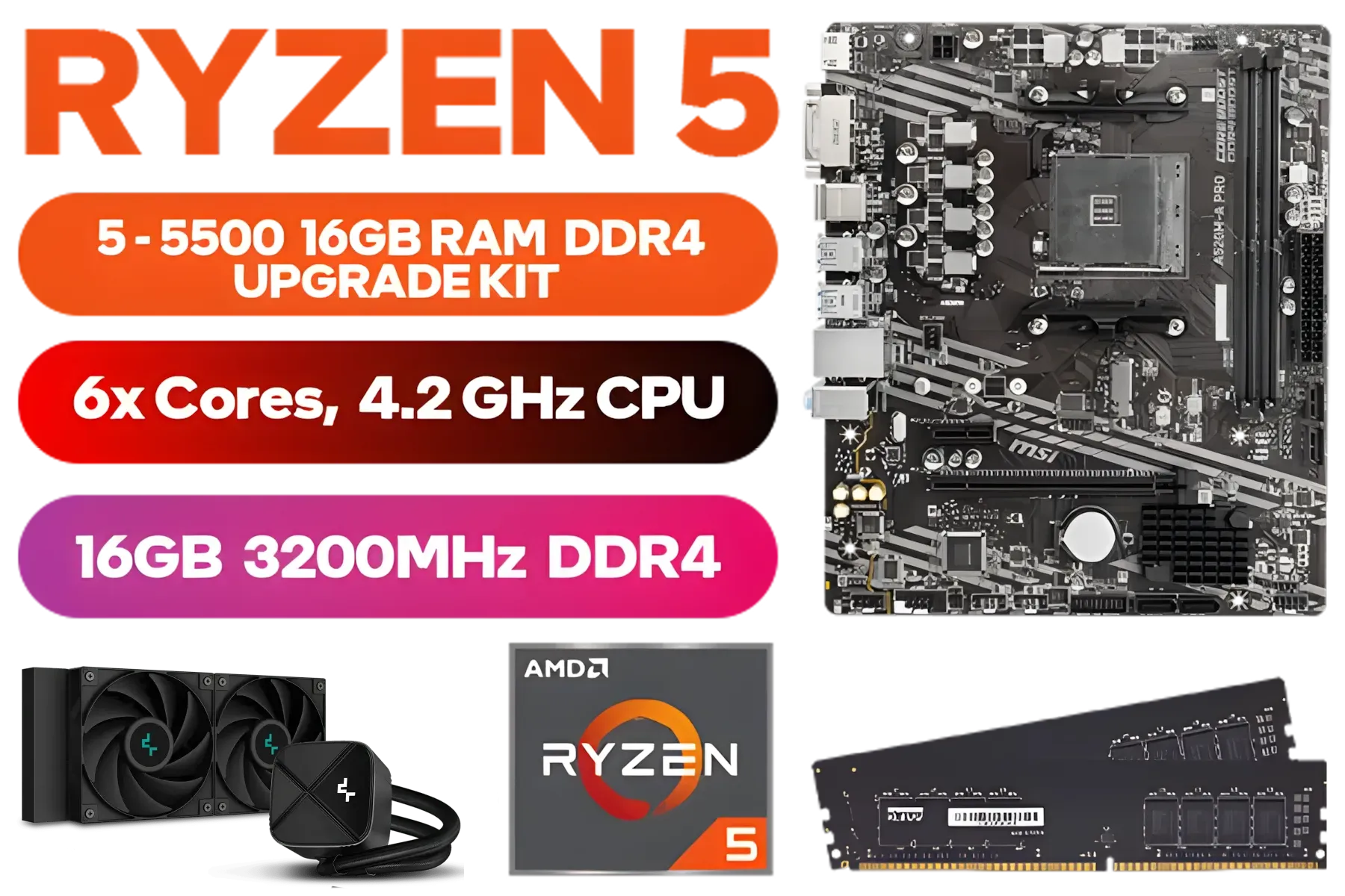AMD RYZEN 5 5500 A520M-A PRO 16GB 3200MHz Upgrade Kit - MSI A520M-A PRO Series Motherboard + AMD RYZEN 5 5500 6MB Game Cache Up to 4.2GHz CPU (OEM No Packaging) + KLEVV 16GB 3200MHz DDR4 Desktop Memory (OEM No Packaging) + DeepCool LS520S Zero Dark Liquid Cooler / Discrete GPU Required - No Integrated Graphics