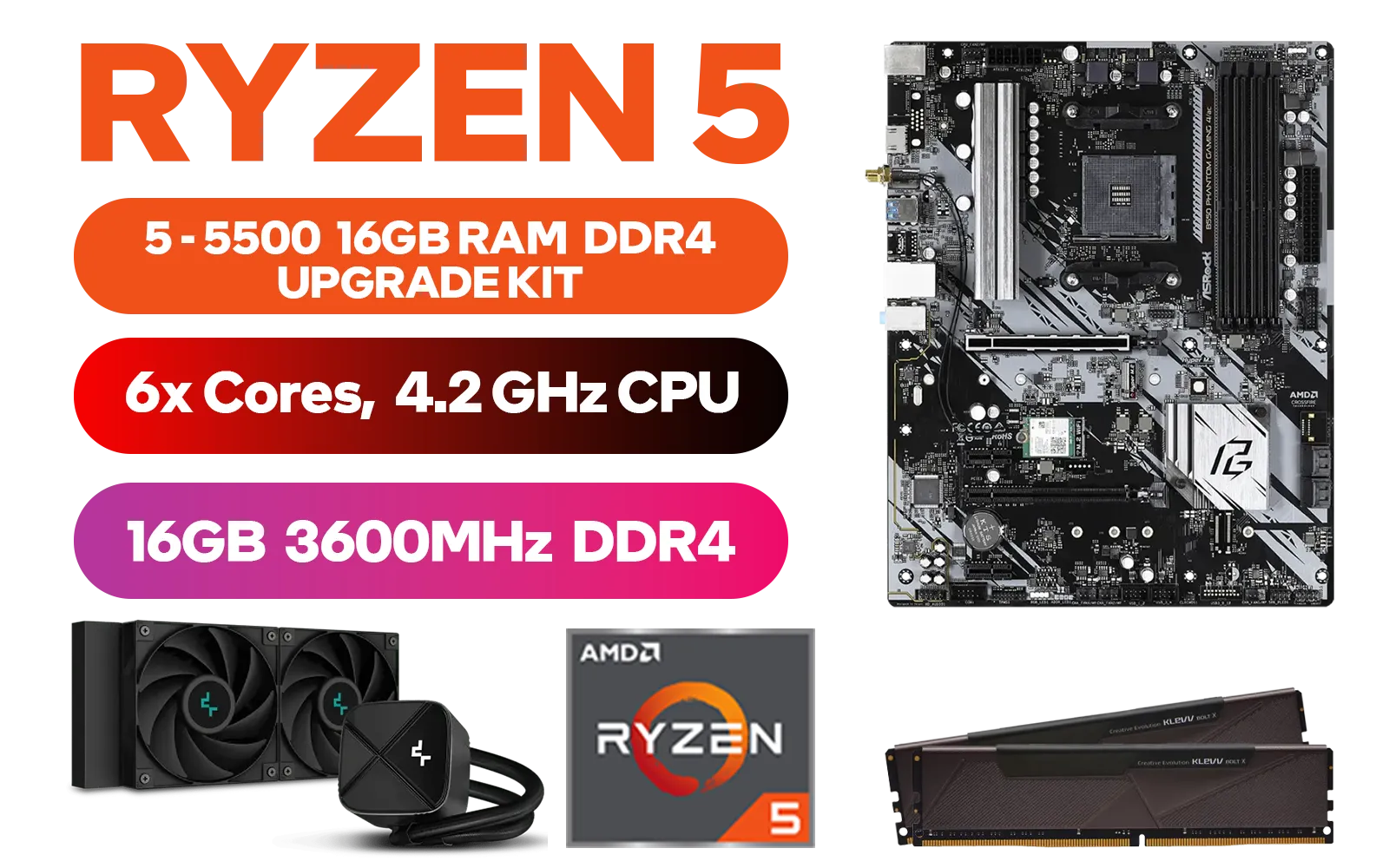 AMD RYZEN 5 5500 Phantom Gaming B550 32GB 3600MHz Upgrade Kit - ASRock Phantom Gaming B550 AMD ATX Motherboard + AMD RYZEN 5 5500 6MB Game Cache Up to 4.2GHz CPU + KLEVV BOLT X 32GB 3600MHz DDR4 Desktop Memory + DeepCool LS520S Zero Dark Liquid Cooler / Discrete GPU Required - No Integrated Graphics