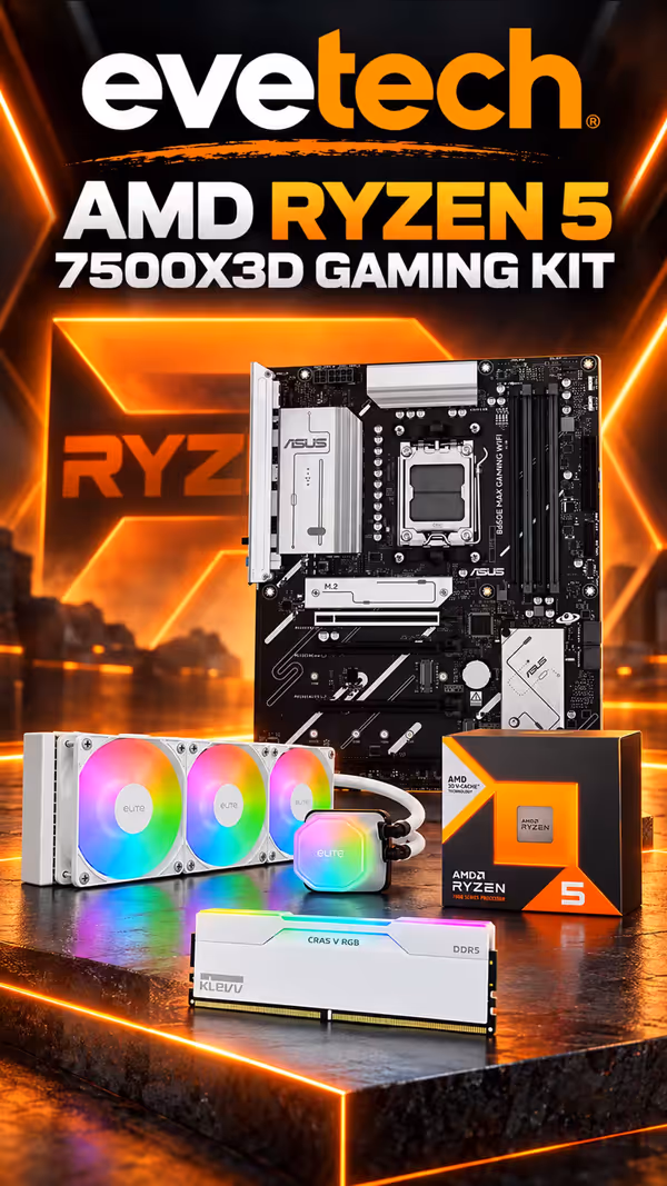 AMD RYZEN 5 7500X3D B650E WIFI 16GB DDR5 6400MHz Upgrade Kit - ASUS B650E MAX AMD Ryzen Motherboard + AMD RYZEN 5 7500X3D 102MB GameCache Up to 4.5GHz CPU + KLEVV CRAS V  RGB 16GB 6400mhz DDR5 White  Desktop Memory + COOLERMASTER EliteLiquid 360 ARGB Liquid Cooler White