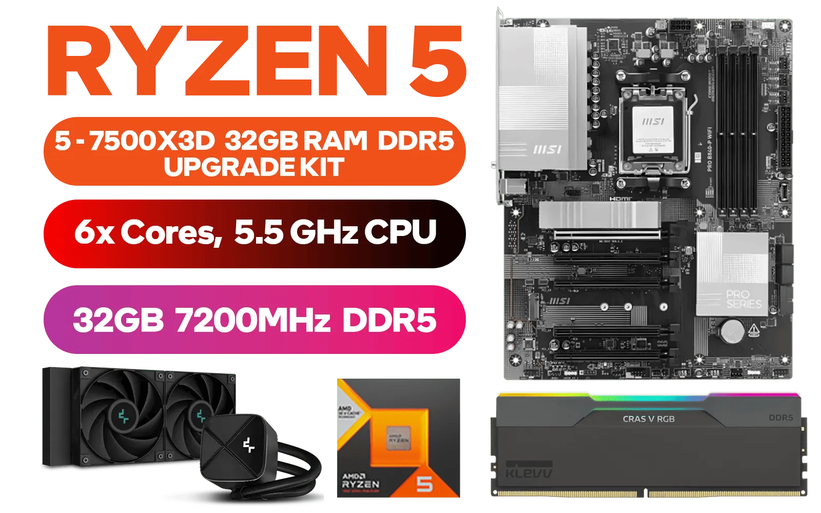 AMD RYZEN 5 7500X3D PRO B840-P 16GB DDR5 5600MHz Upgrade Kit - MSI Pro B840-P AMD Ryzen Motherboard + AMD RYZEN 5 7500X3D 102MB GameCache Up to 4.5GHz CPU + KLEVV CRAS V 32GB Kit (16GB x2) 7200MHz Gaming Memory + DeepCool LS520S Zero Dark Liquid Cooler