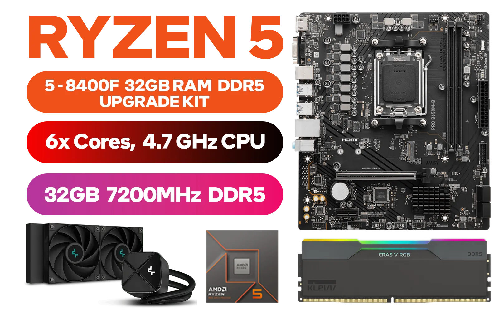 AMD RYZEN 5 8400F PRO B650M-B 32GB DDR5 7200MHz Upgrade Kit - MSI Pro B650M-B AMD Ryzen Motherboard + AMD RYZEN 5 8400F 19MB GameCache Up to 4.7GHz CPU (OEM No Packaging) + KLEVV CRAS V RGB 32GB 7200MHz Gaming Memory + DeepCool LS520S Zero Dark Liquid Cooler / Discrete GPU Required - No Integrated Graphics