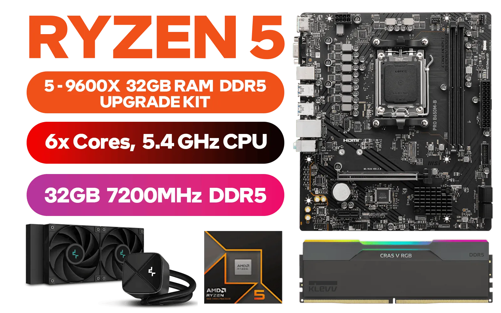 AMD RYZEN 5 9600X PRO B650M-B 32GB DDR5 7200MHz Upgrade Kit - MSI Pro B650M-B AMD Ryzen Motherboard + AMD RYZEN 5 9600X 38MB GameCache Up to 5.4GHz CPU (OEM No Packaging) + KLEVV CRAS V RGB 32GB Kit 7200MHz Gaming Memory + DeepCool LS520S Zero Dark Liquid Cooler