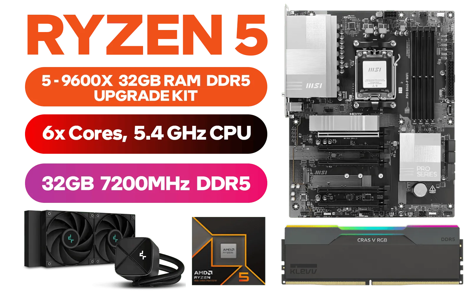 AMD RYZEN 5 9600X PRO B840-P WiFi 32GB DDR5 7200MHz Upgrade Kit - MSI Pro B840-P WiFi AMD Ryzen Motherboard + AMD RYZEN 5 9600X 38MB GameCache Up to 5.4GHz CPU (OEM No Packaging) + KLEVV CRAS V RGB 32GB Kit (16GB x2) 7200MHz Gaming Memory + DeepCool LS520S Zero Dark Liquid Cooler