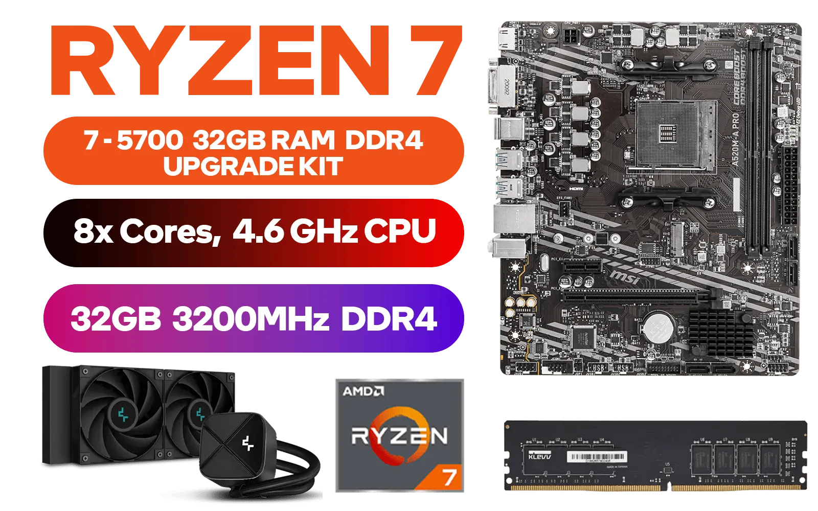 AMD RYZEN 7 5700 A520M-A PRO 32GB 3200MHz Upgrade Kit - MSI A520M-A PRO Series Motherboard + AMD RYZEN 7 5700 20MB Game Cache Up to 4.4GHz CPU + KLEVV 32GB (16GB x 2) 3200MHz DDR4 Desktop Memory (OEM No Packaging) / Discrete GPU Required - No Integrated Graphics