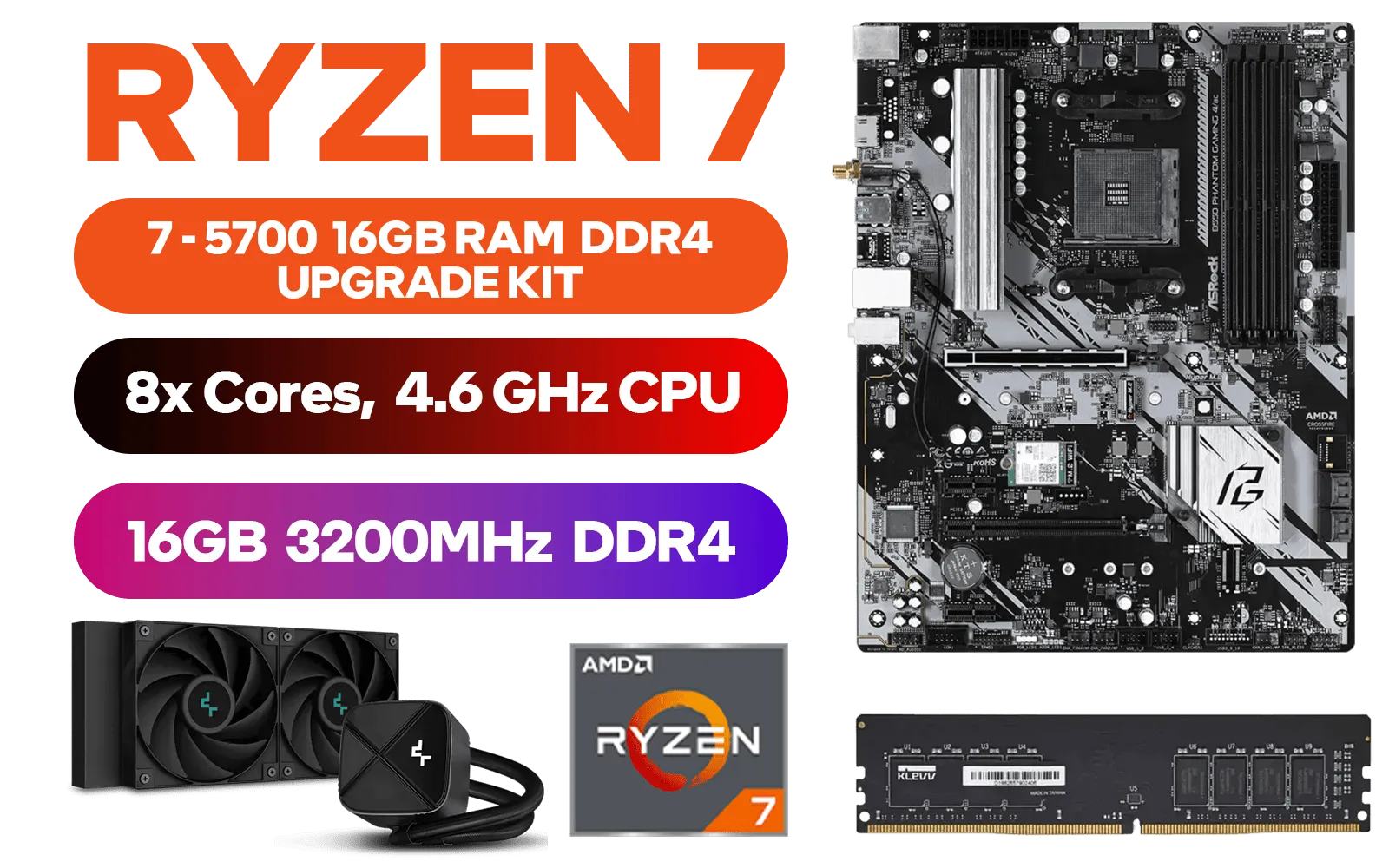 AMD RYZEN 7 5700 Phantom Gaming B550 16GB 3200MHz Upgrade Kit - ASRock Phantom Gaming B550 AMD ATX Motherboard + AMD RYZEN 7 5700 20MB Game Cache Up to 4.6GHz CPU + KLEVV 16GB 3200MHz DDR4 Desktop Memory (OEM No Packaging) / Discrete GPU Required - No Integrated Graphics + Standard Cooler