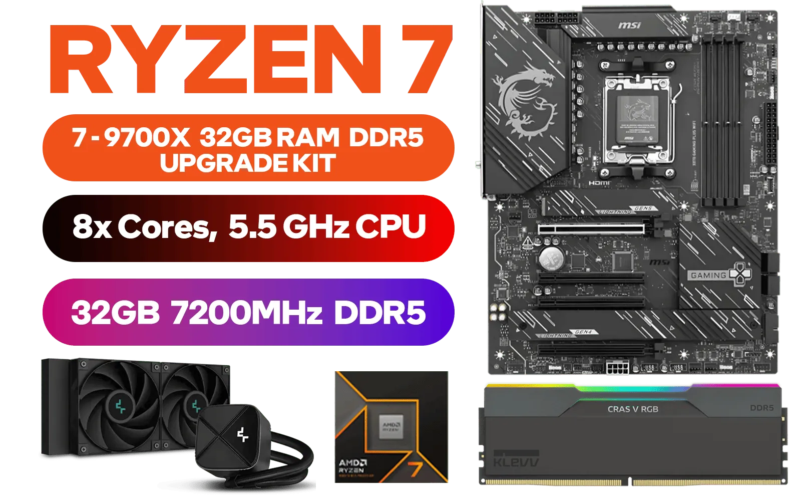 AMD RYZEN 7 9700X PRO MSI X870 Gaming Plus WIFI 32GB DDR5 7200MHz Upgrade Kit - MSI X870 Gaming Plus WIFI AMD Ryzen Motherboard + AMD RYZEN 7 9700X 40MB GameCache Up to 5.5GHz CPU (OEM No Packaging) + KLEVV CRAS V RGB 32GB Kit 7200MHz Gaming Memory + DeepCool LS520S Zero Dark Liquid CPU Cooler