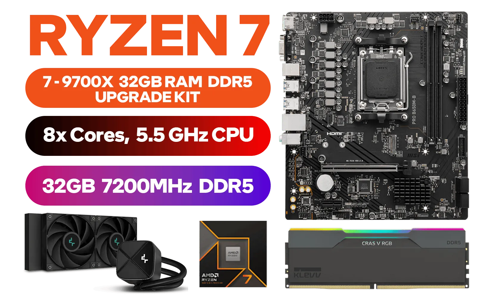 AMD RYZEN 7 9700X PRO B650M-B 32GB DDR5 7200MHz Upgrade Kit - MSI Pro B650M-B AMD Ryzen Motherboard + AMD RYZEN 7 9700X 40MB GameCache Up to 5.5GHz CPU (OEM No Packaging) +KLEVV CRAS V RGB 32GB Kit 7200MHz Gaming Memory + DeepCool LS520S Zero Dark Liquid Cooler