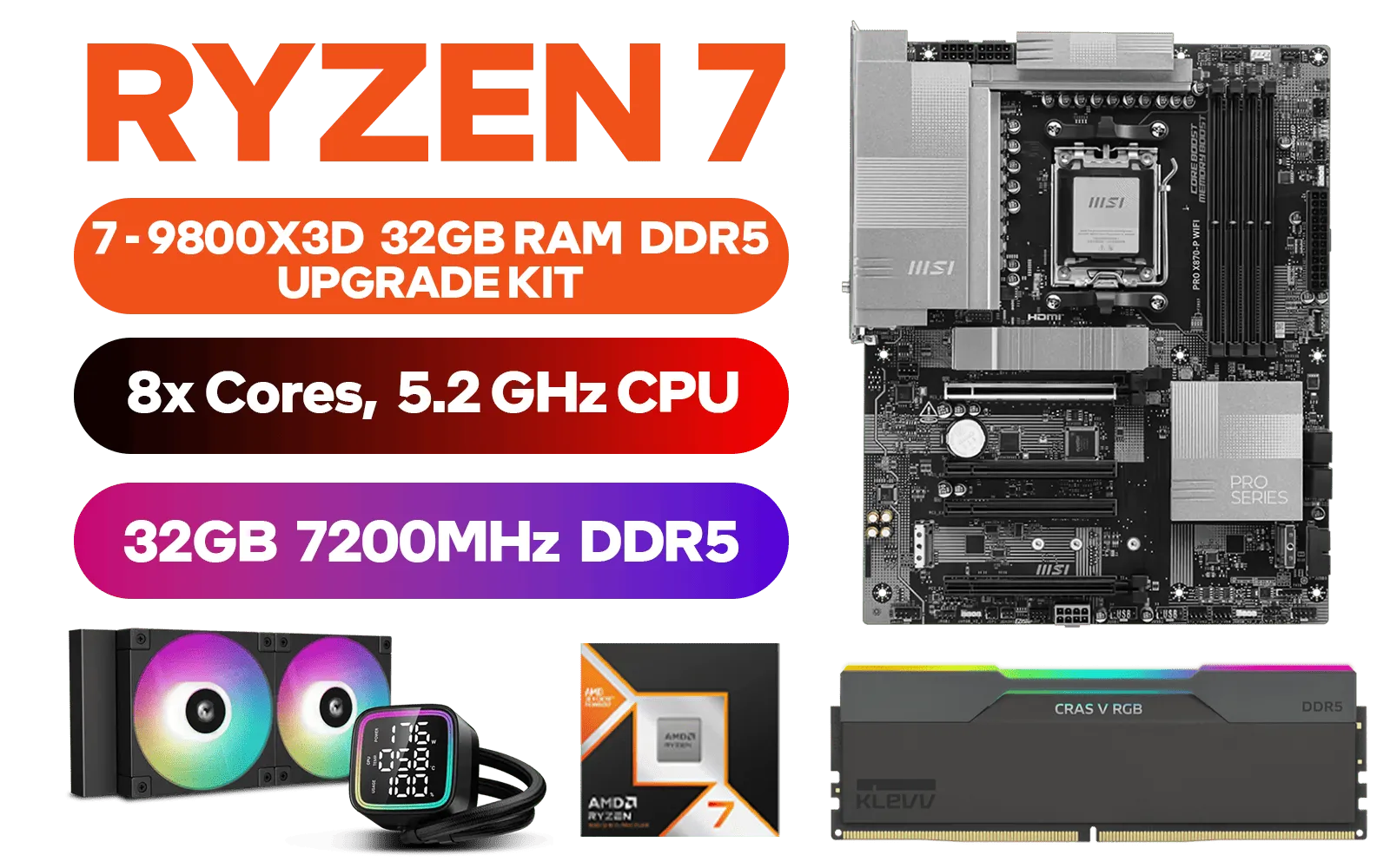 AMD RYZEN 7 9800X3D Pro X870-P WiFi 32GB RGB DDR5 7200MHz Upgrade Kit - MSI Pro X870-P WiFi AMD Ryzen Motherboard + AMD RYZEN 7 9800X3D 104MB GameCache Up to 5.2GHz CPU (OEM No Packaging) + KLEVV CRAS V RGB 32GB Kit (16GB x2) 7200MHz Gaming Memory + DeepCool LD240 Liquid Cooler - Black