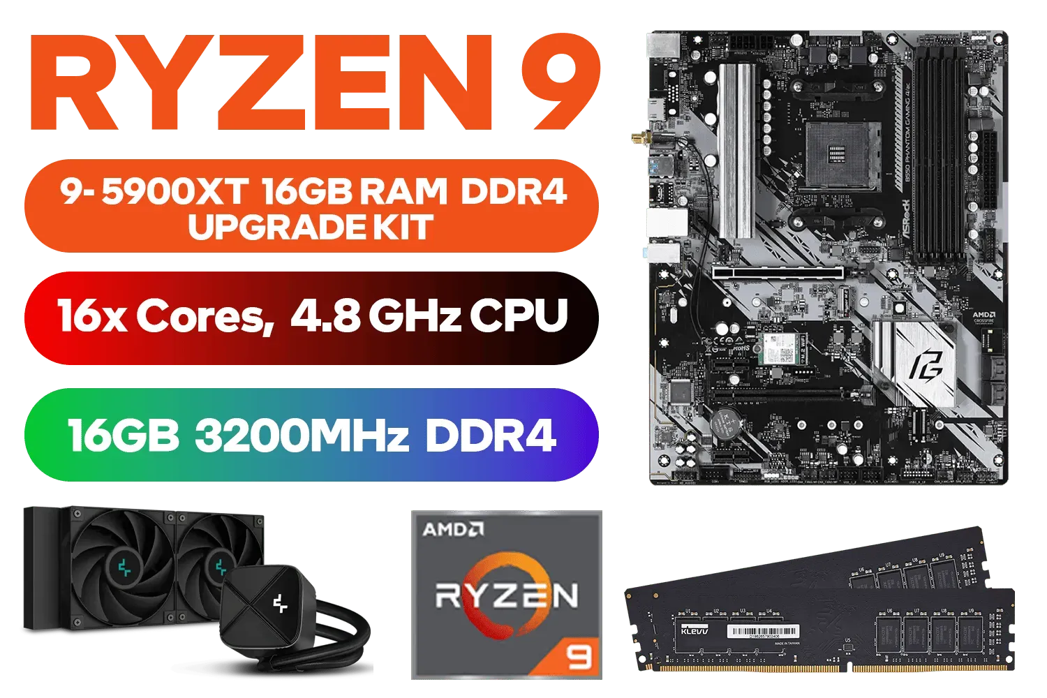 AMD RYZEN 9 5900XT Phantom Gaming B550 16GB 3200MHz Upgrade Kit - ASRock Phantom Gaming B550 AMD ATX Motherboard + AMD RYZEN 9 5900XT 64MB Game Cache Up to 4.8GHz CPU + KLEVV 16GB (8GB x 2) 3200MHz DDR4 Desktop Memory (OEM No Packaging) + DeepCool LS520S Zero Dark Liquid Cooler / Discrete GPU Required - No Integrated Graphics