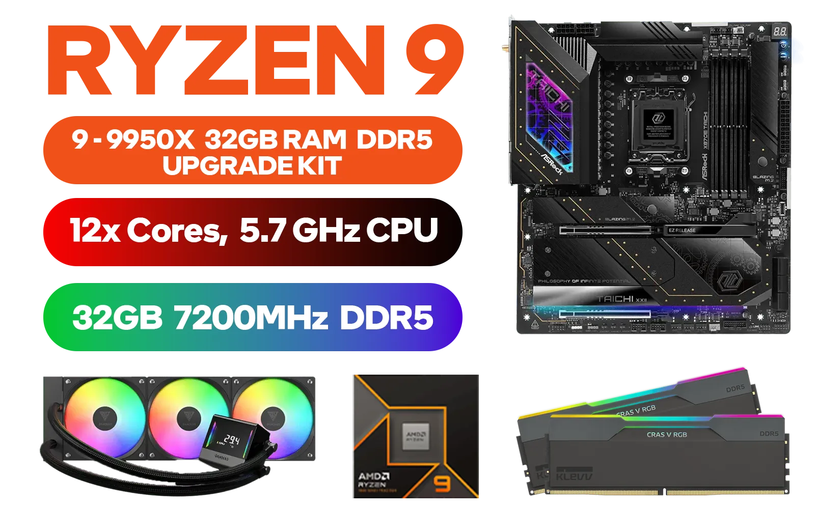 AMD RYZEN 9 9950X ASRock X870E Taichi WIFI 32GB DDR5 7200MHz Upgrade Kit - ASRock X870E Taichi WIFI AMD Ryzen Motherboard + AMD RYZEN 9 9950X 80MB GameCache Up to 5.7GHz CPU (OEM No Packaging) + KLEVV CRAS V RGB 32GB Kit (16GB x2) 7200MHz Gaming Memory + Gamdias Chione E4-360 Liquid Cooler
