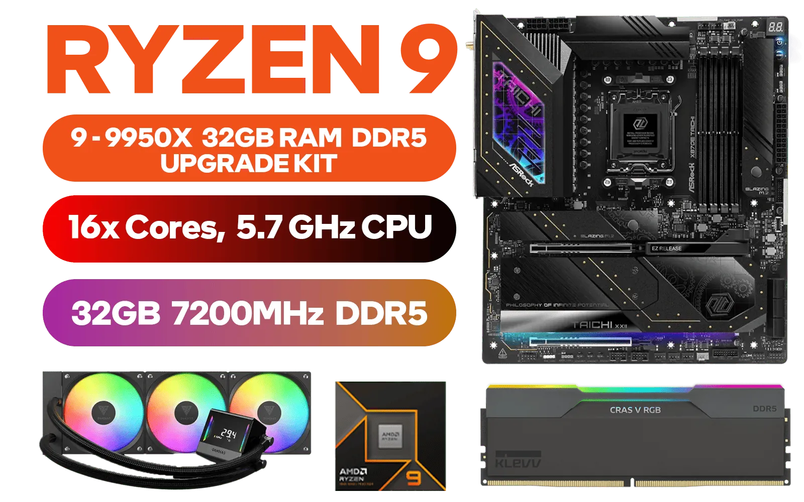 AMD RYZEN 9 9950X ASRock X870E Taichi WIFI 32GB DDR5 7200MHz Upgrade Kit - ASRock X870E Taichi WIFI AMD Ryzen Motherboard + AMD RYZEN 9 9950X 80MB GameCache Up to 5.7GHz CPU (OEM No Packaging) + KLEVV CRAS V RGB 32GB Kit (16GB x2) 7200MHz Gaming Memory + Gamdias Chione E4-360 Liquid Cooler