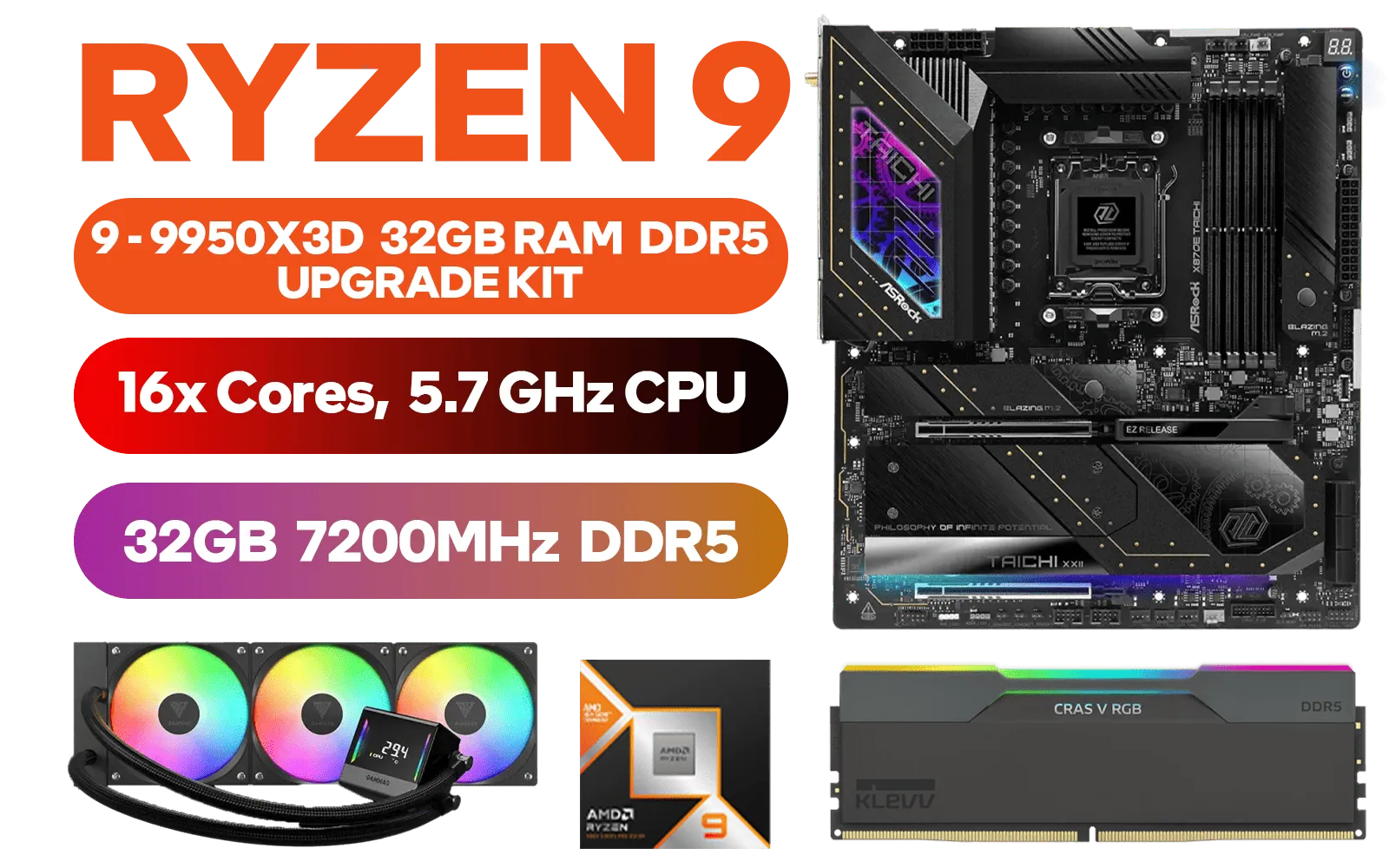 AMD RYZEN 9 9950X3D ASRock X870E Taichi WIFI 32GB DDR5 7200MHz Upgrade Kit - ASRock X870E Taichi WIFI AMD Ryzen Motherboard + AMD RYZEN 9 9950X3D 144MB GameCache Up to 5.7GHz CPU + KLEVV CRAS V RGB 32GB Kit (16GB x2) 7200MHz Gaming Memory + Gamdias Chione E4-360 Liquid Cooler