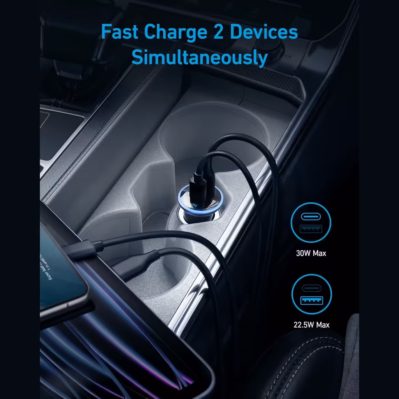 Anker 323 car charger in a car console charging through both ports