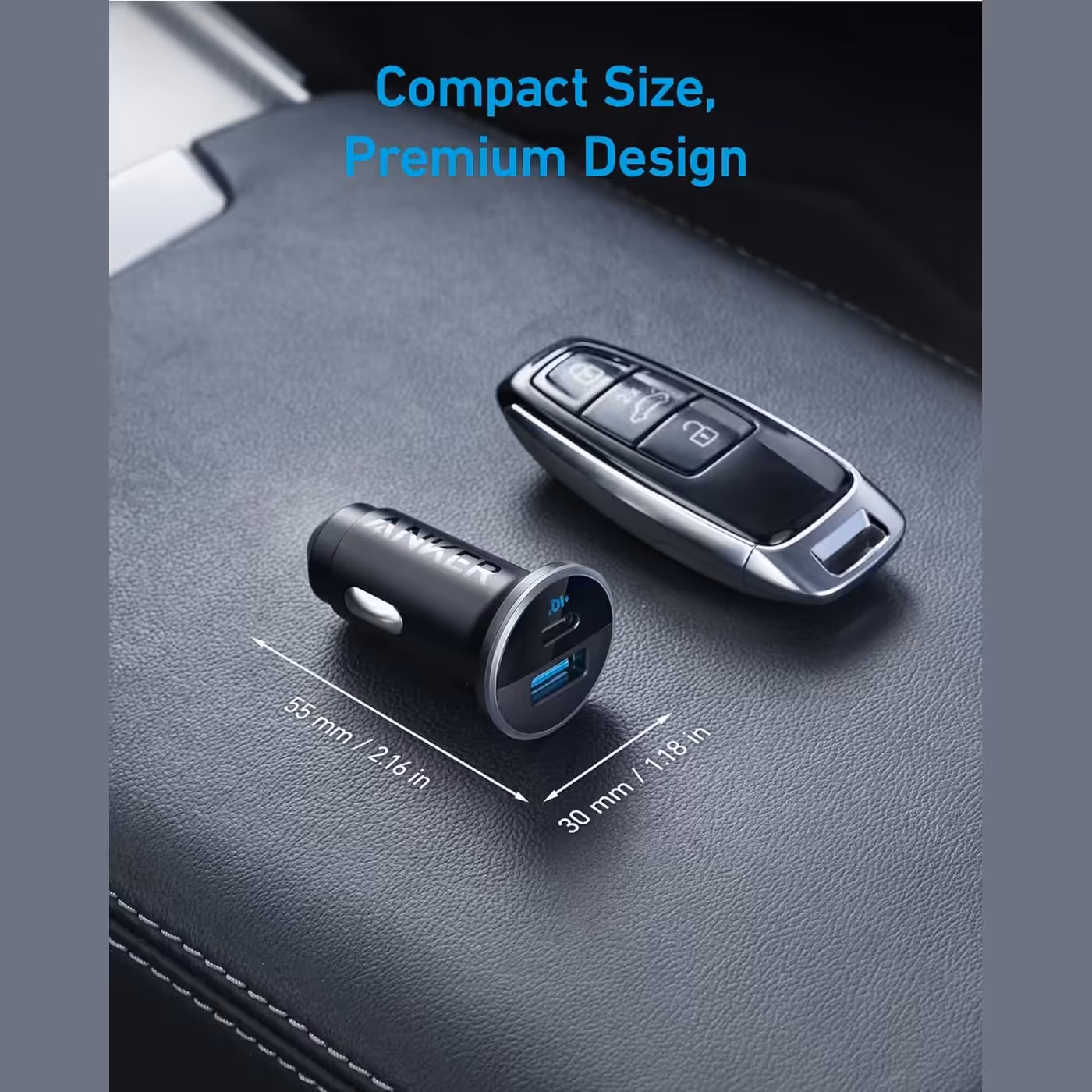Anker 323 car charger beside a car key with dimension lines
