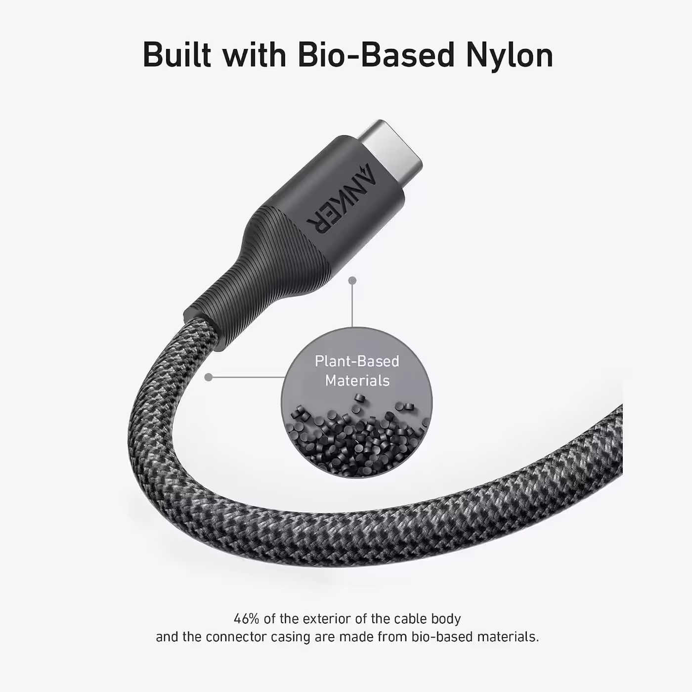 Close-up of the Anker 544 braided bio-nylon cable with plant-based material pellets