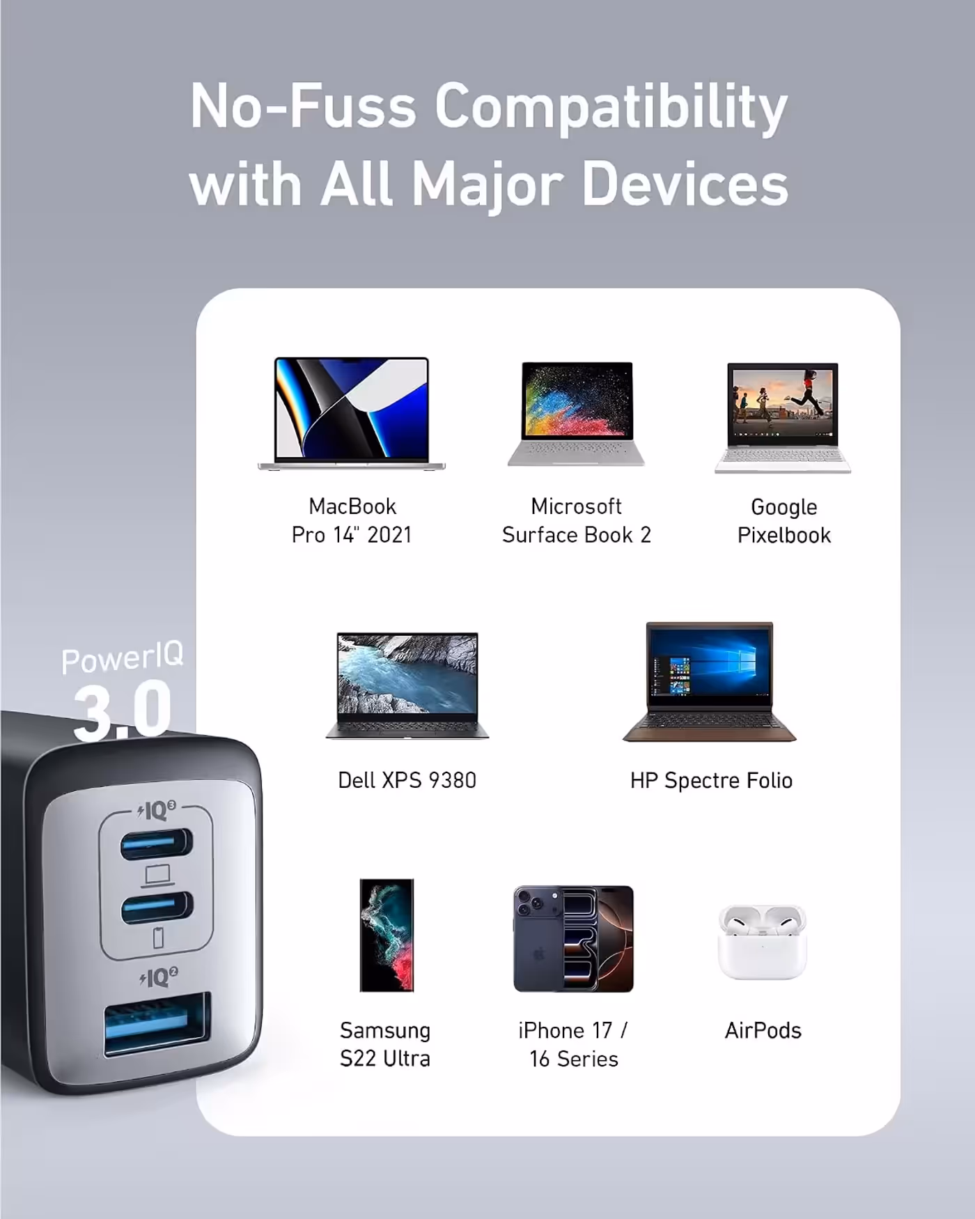 Anker 735 compatibility chart with laptops, phones and earbuds