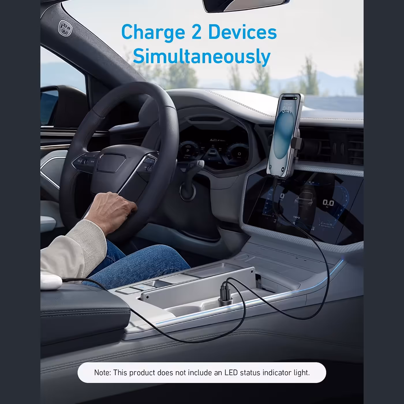 Driver's phone charging in a mount from the Anker 30W car charger