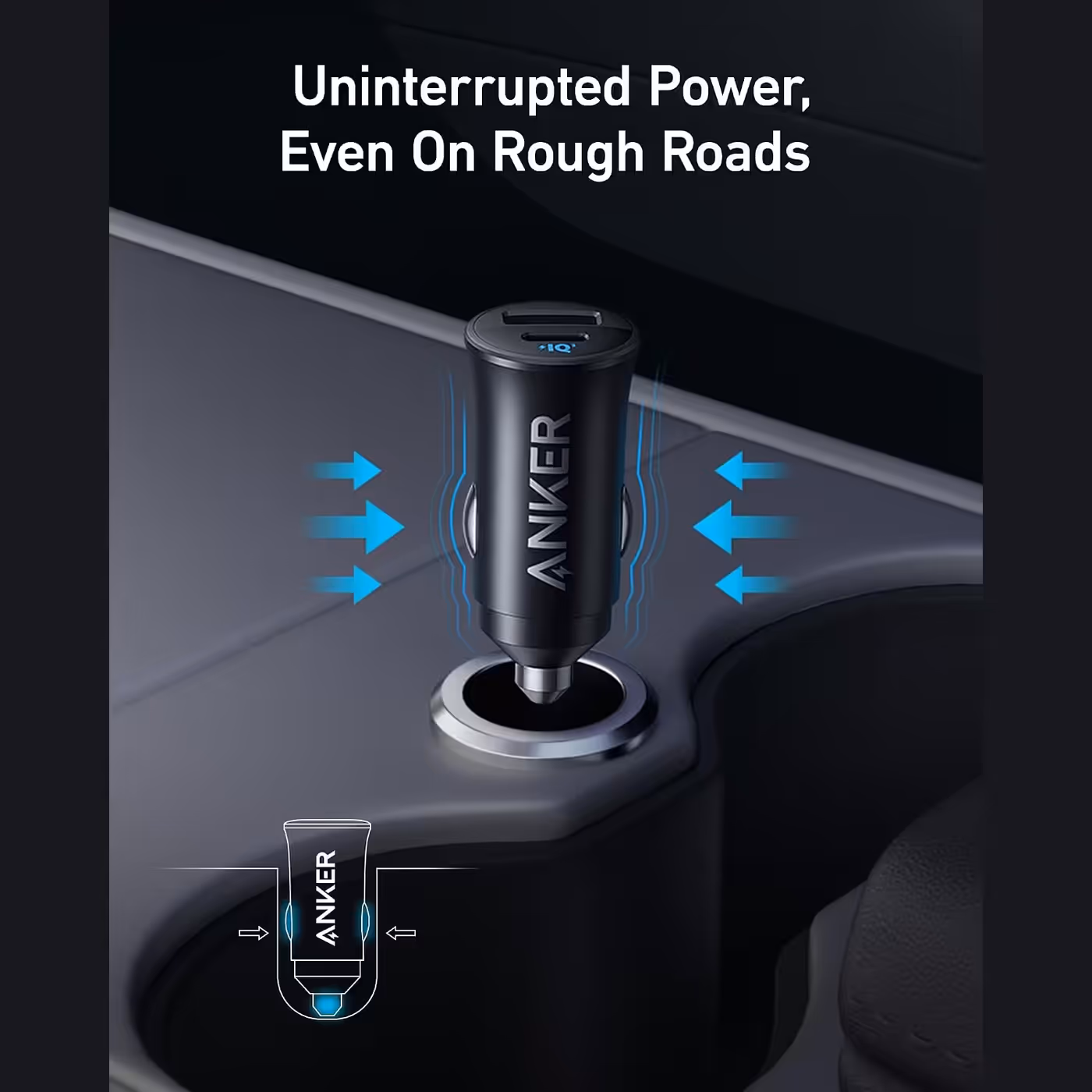 Anker 30W car charger held firmly in a car socket