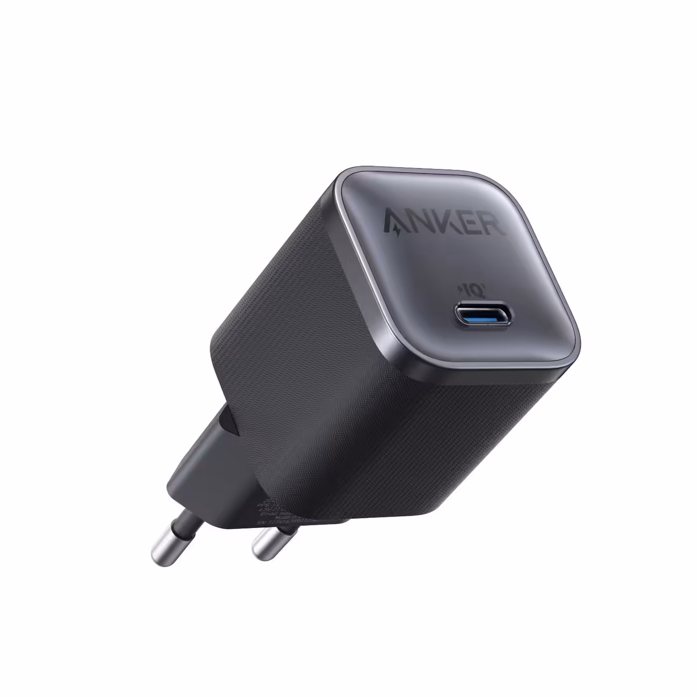 Black Anker Nano 45W USB-C charger, three-quarter view
