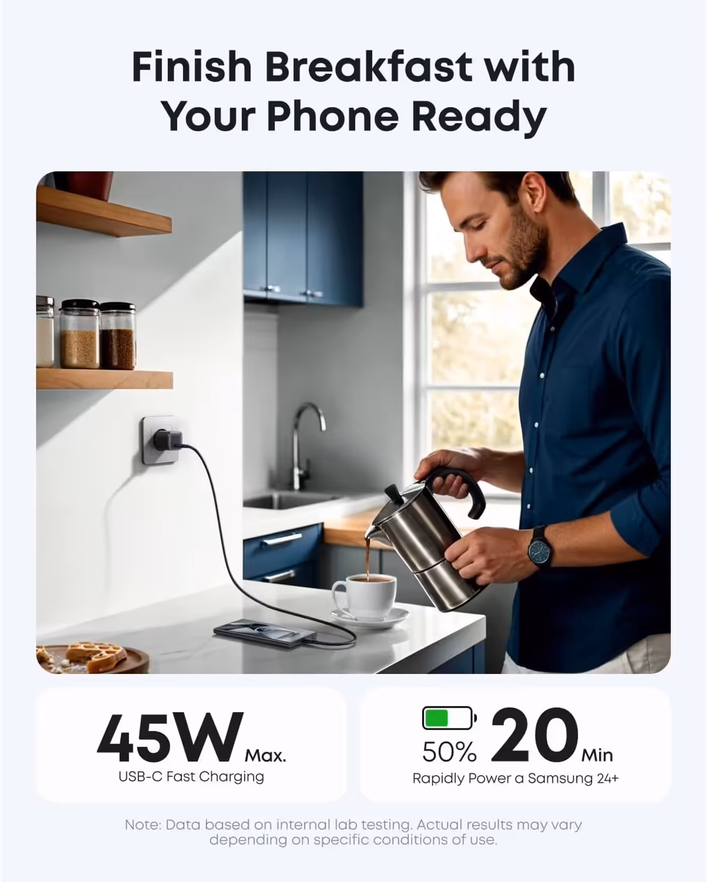 Man making coffee while his phone charges from the Anker Nano 45W