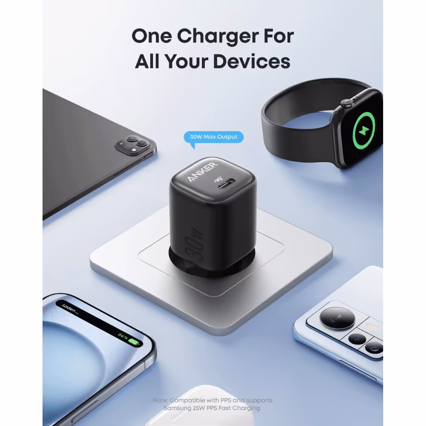 Anker Zolo 30W charger surrounded by a tablet, phone and smartwatch