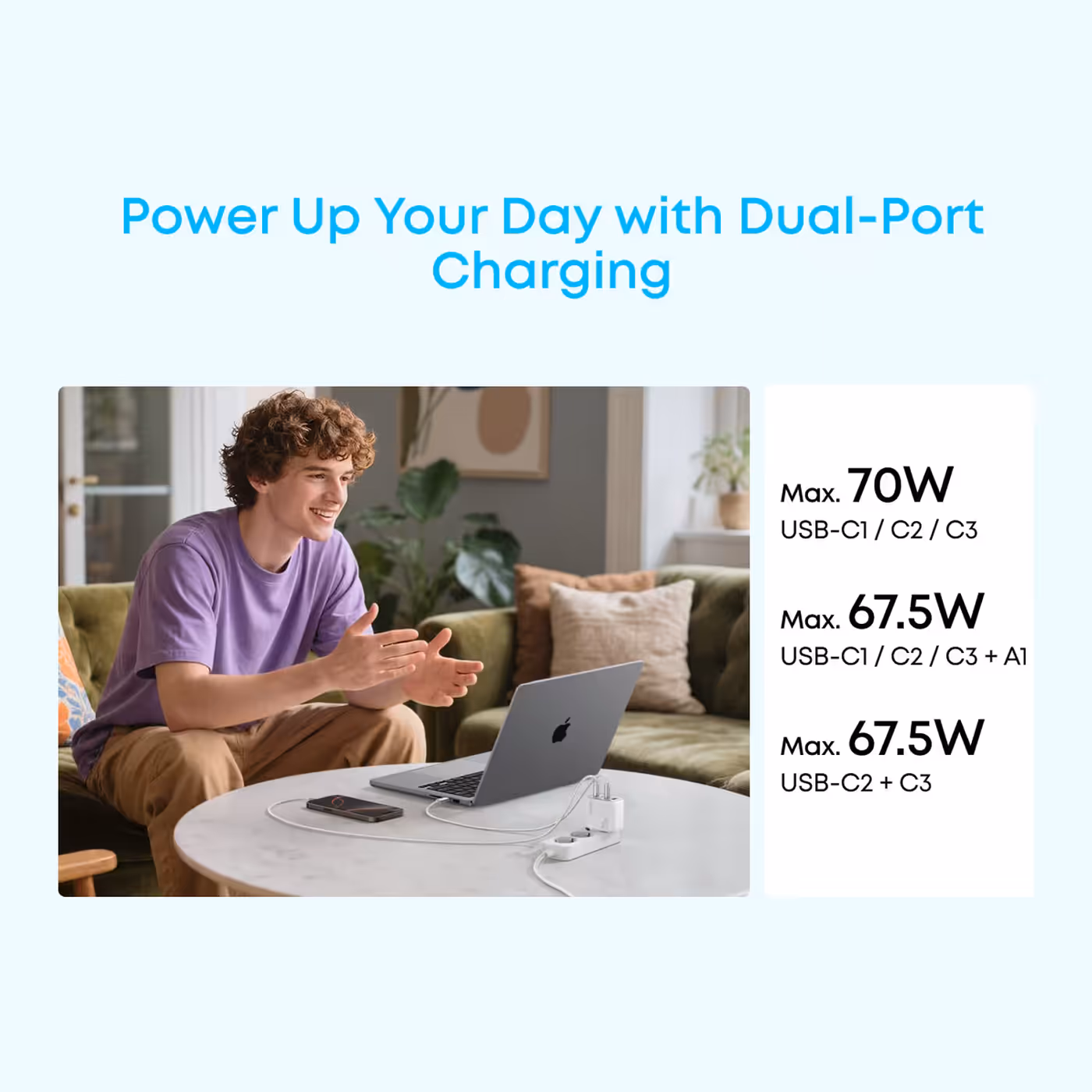 Man using a laptop and phone charged by the Anker Zolo 70W