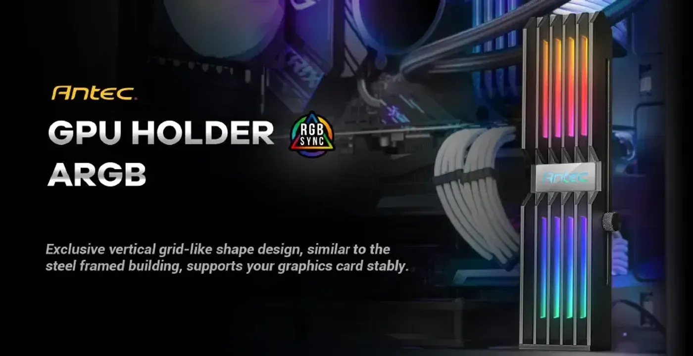 Antec ARGB GPU support bracket in black shown in full