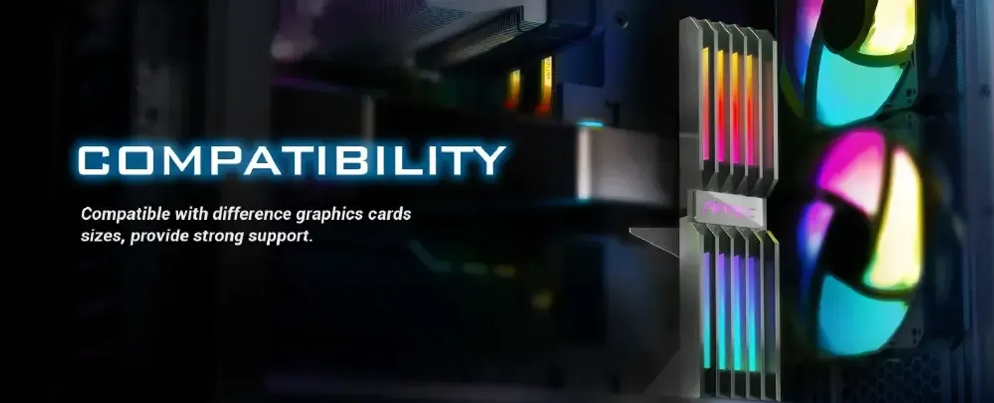 Antec ARGB GPU holder supporting the underside of a graphics card