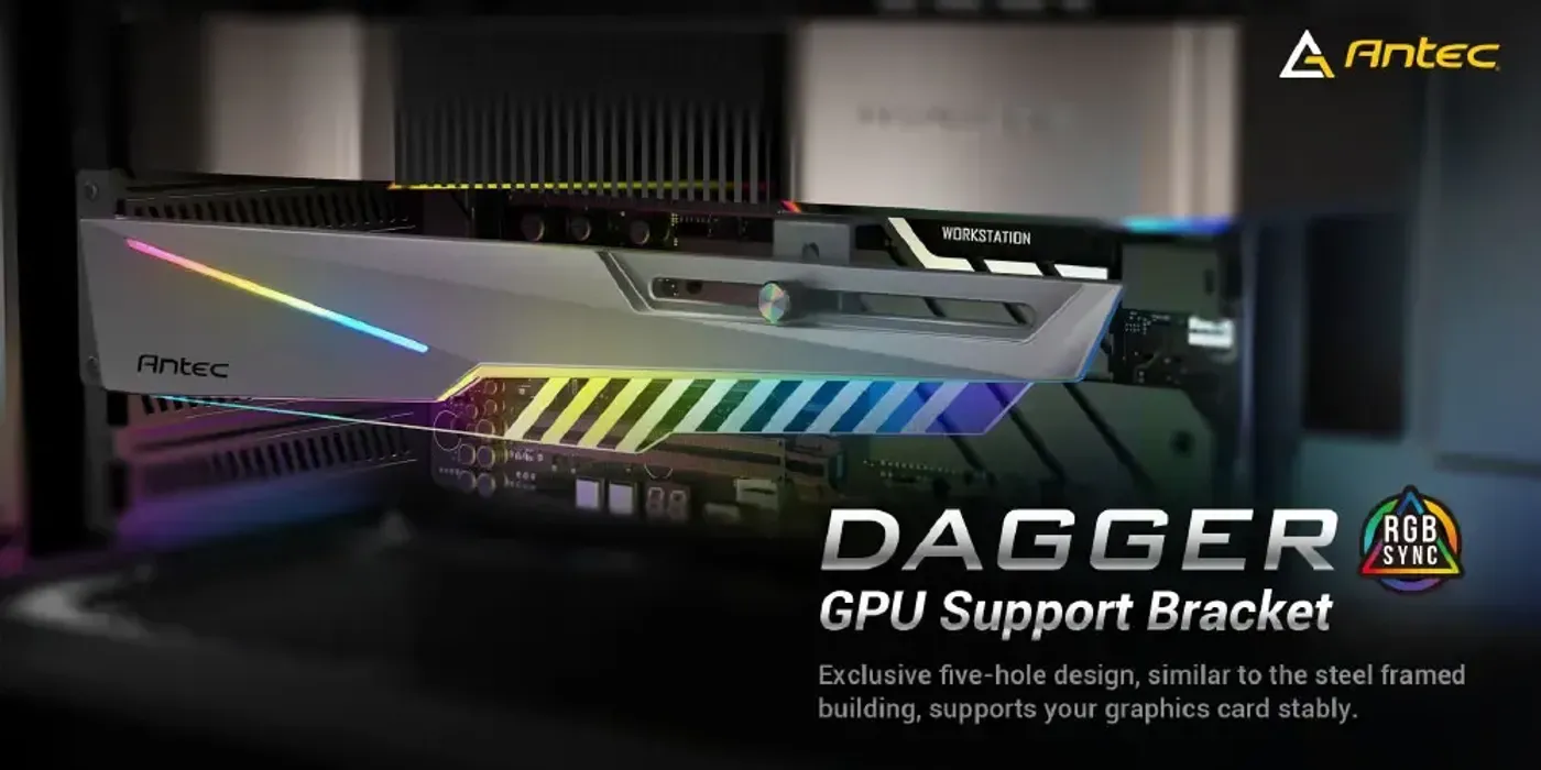 Antec AT-HGPUH ARGB GPU support bracket in white, shown upright