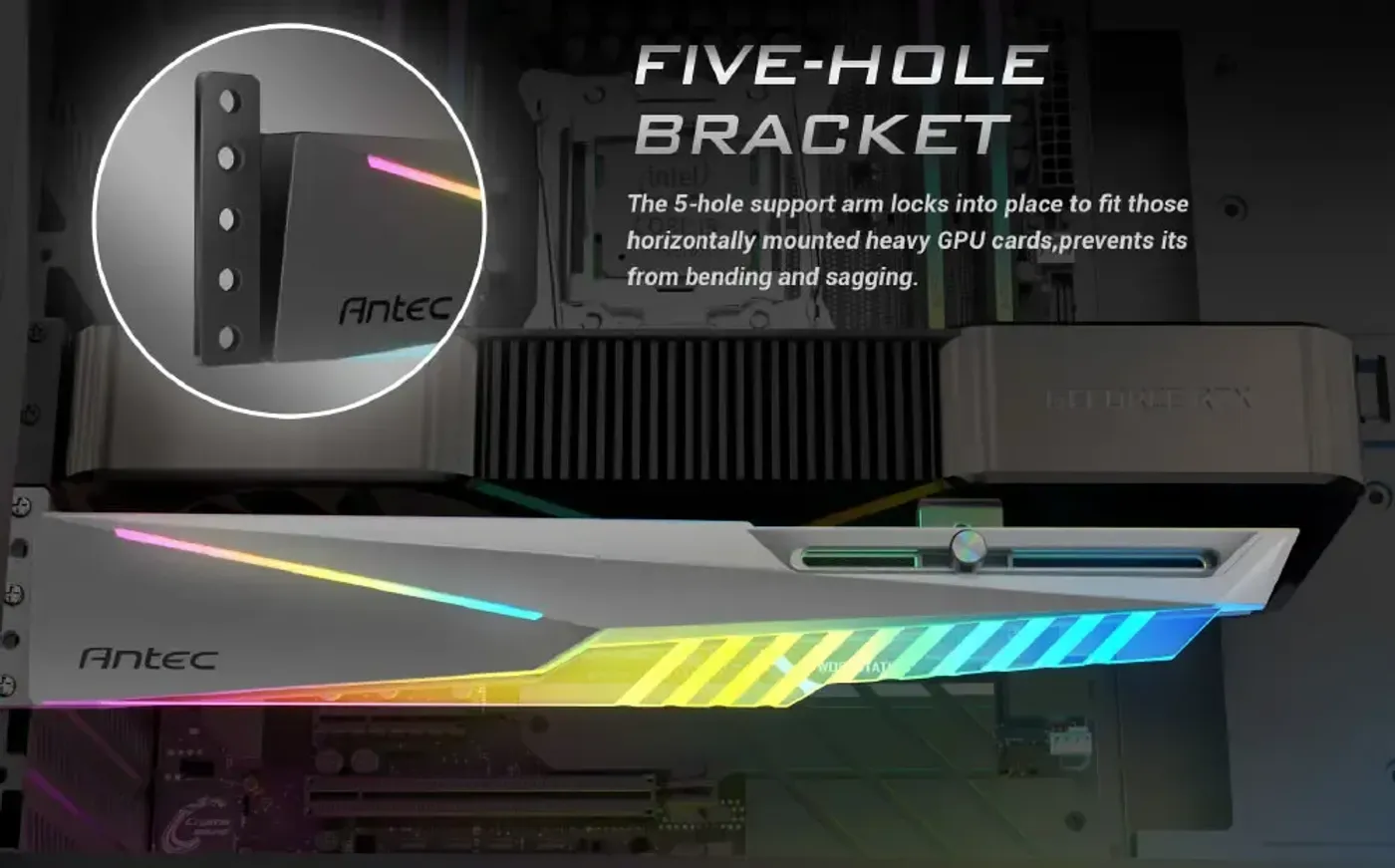 Antec AT-HGPUH ARGB support bracket with its lighting effects active