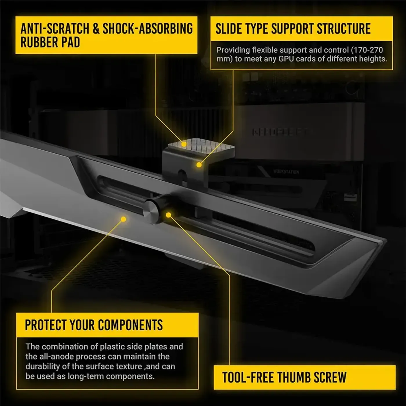 Antec AT-HGPUH support bracket installed on a case floor beneath a graphics card