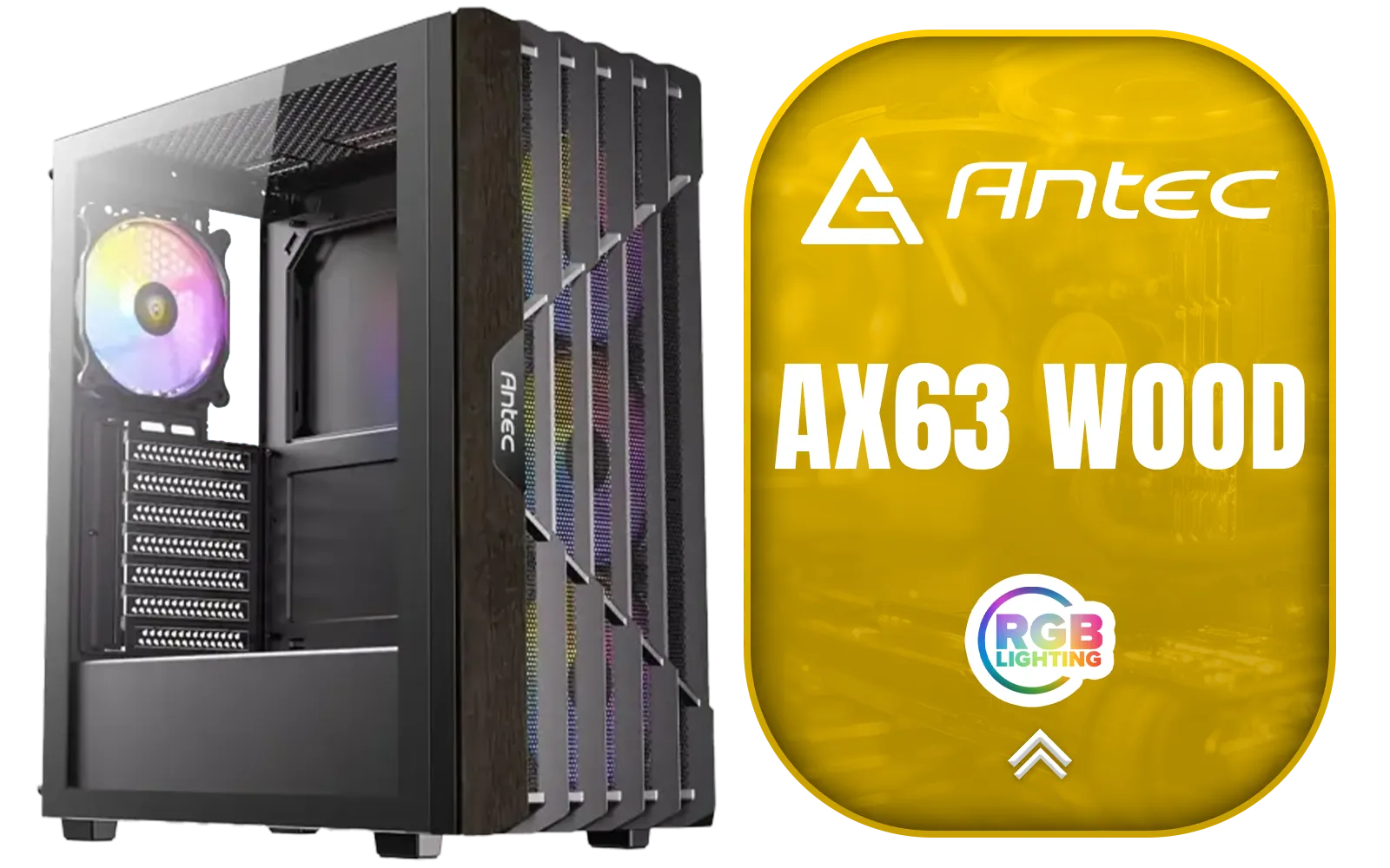 Antec AX63 Wood ARGB Gaming Case - Black / Geometric Wood Front Panel / Tempered Glass Side Panel / ATX, Micro-ATX, Mini-ITX Support / 4 ARGB Fans Pre-Installed / 0-761345-10172-1