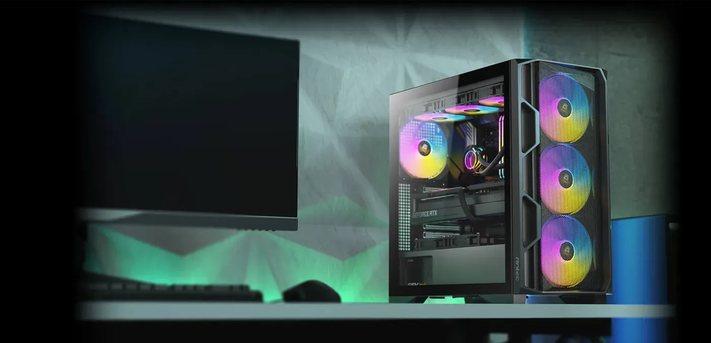 Antec AX1000 ARGB gaming case front view with glass panel and illumination