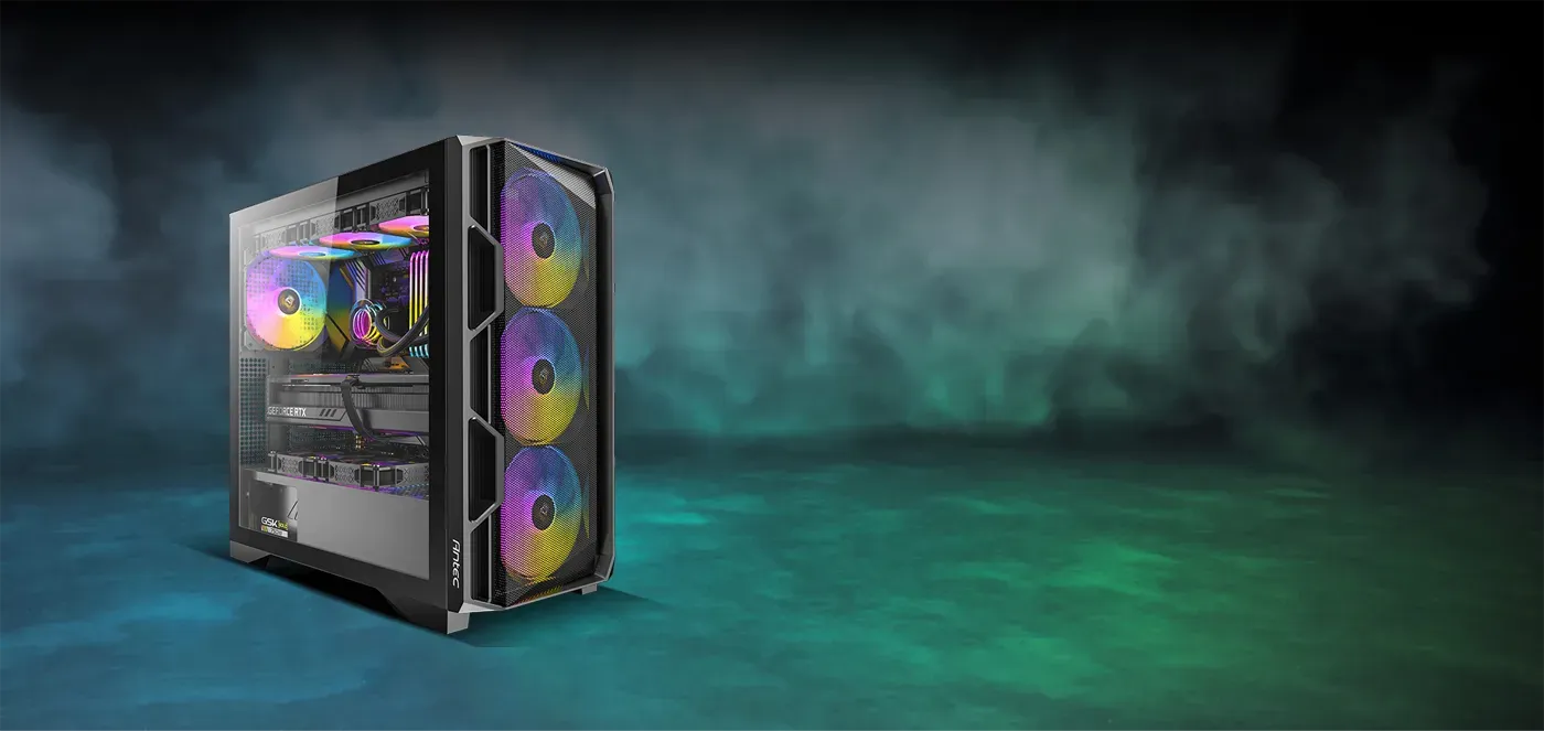 Antec AX1000 side view highlighting tempered glass and geometric front panel