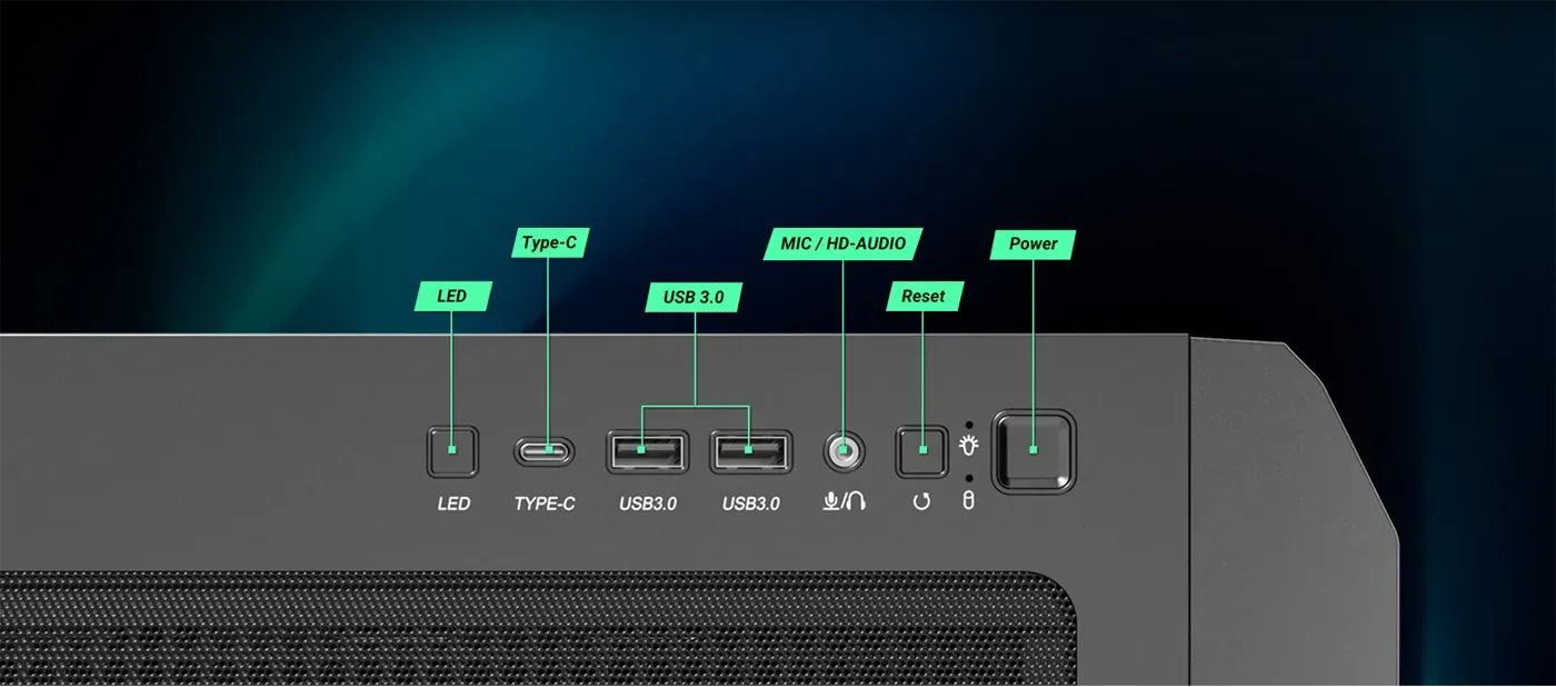Antec AX1000 front I/O panel with USB-C and audio connectivity