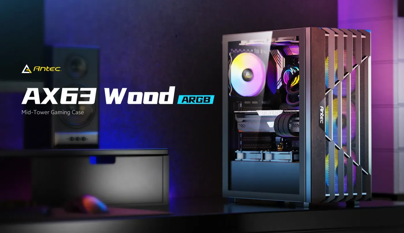 Front view of Antec AX63 Wood ARGB Black Gaming Case