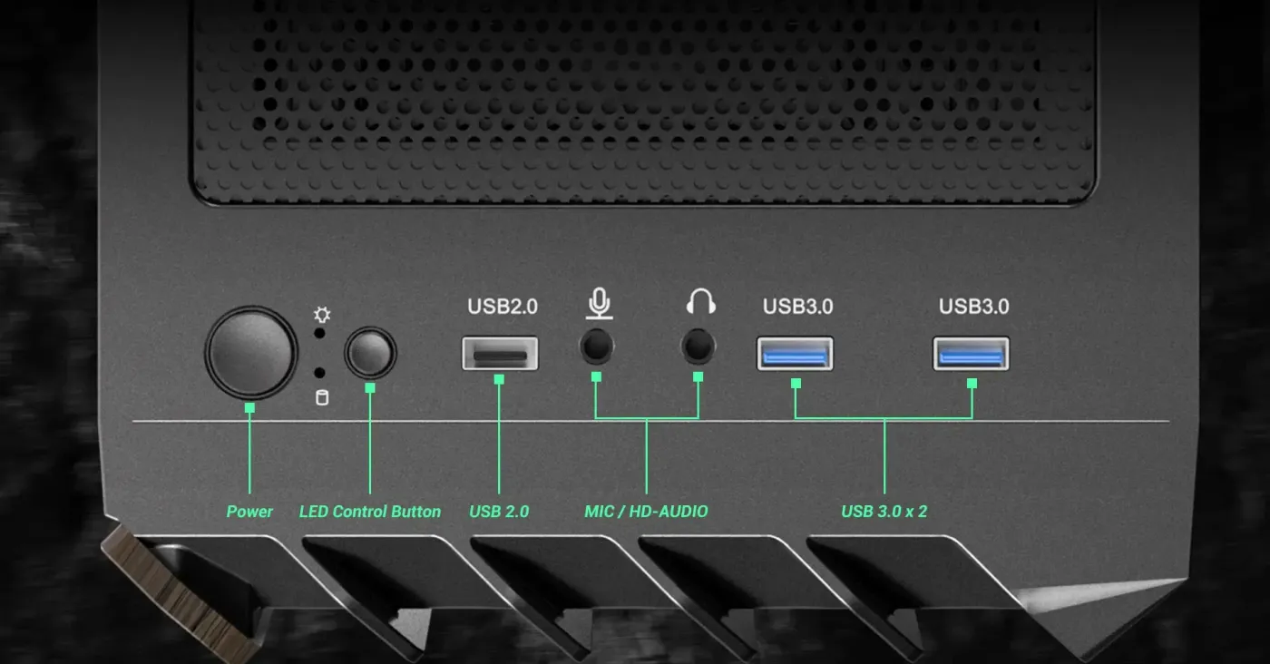 I/O panel with power, LED, USB, mic, and audio ports